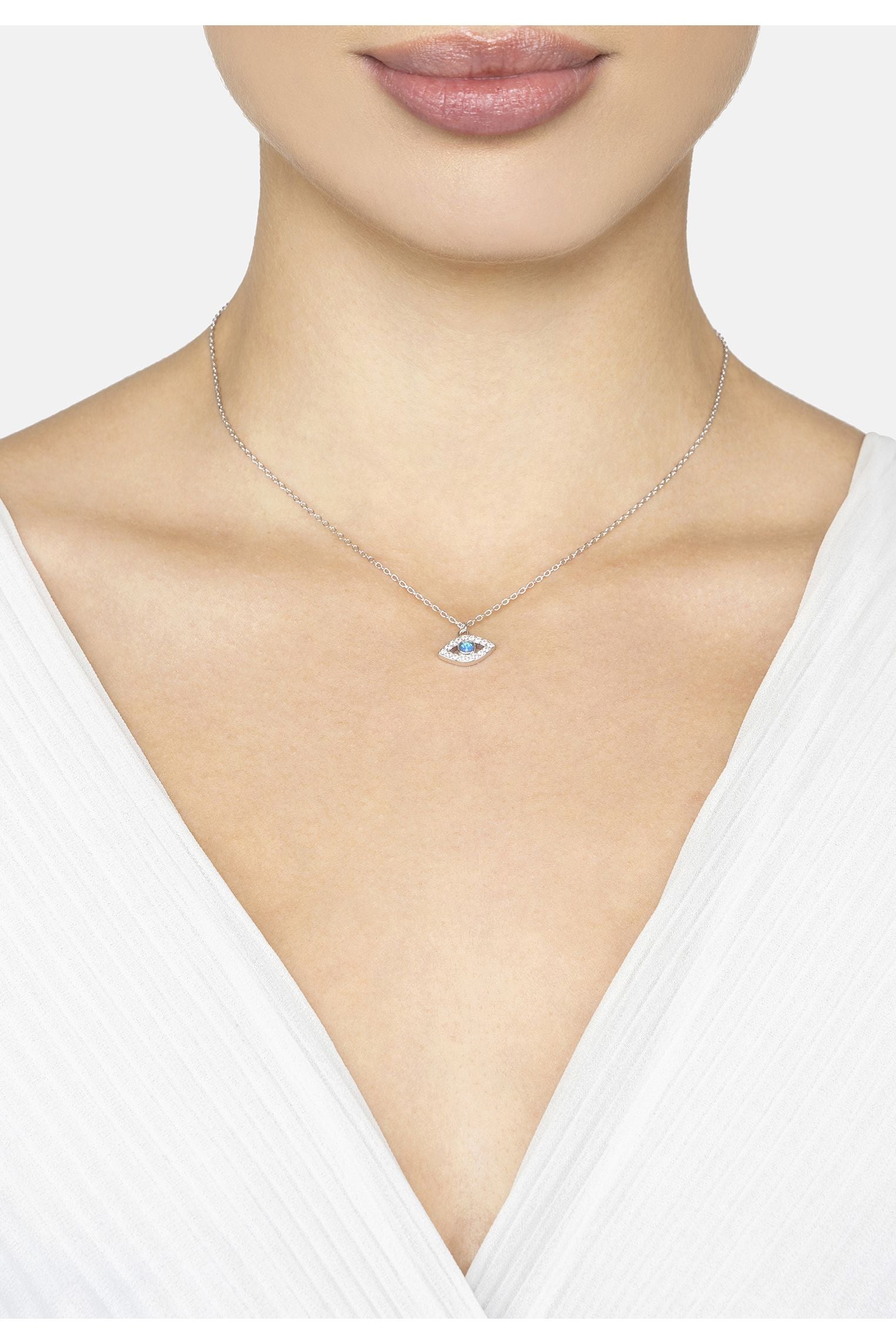 Elliptical Evil Eye Necklace Blue Opal Silver