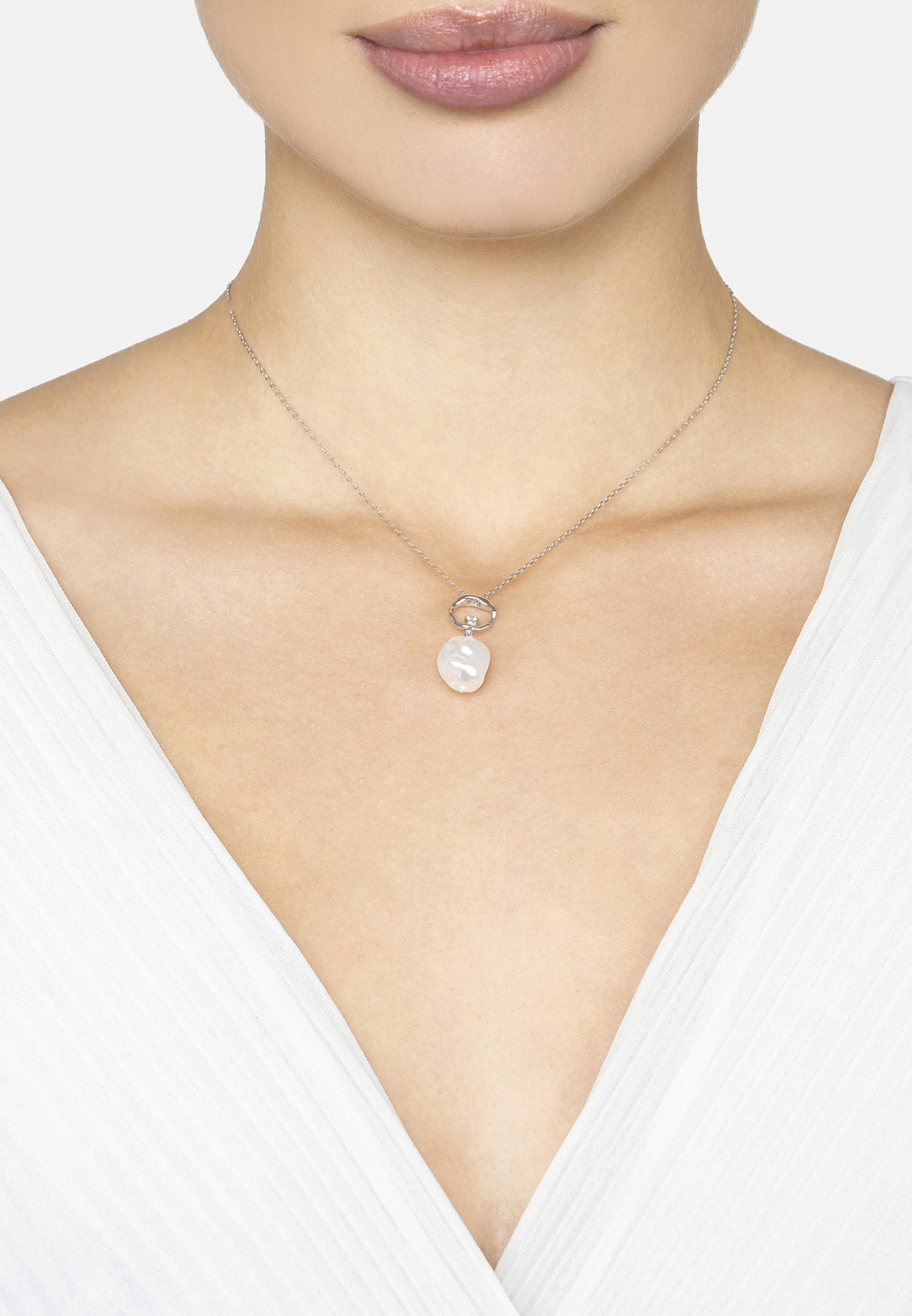 Baroque Pearl And Halo Necklace Silver