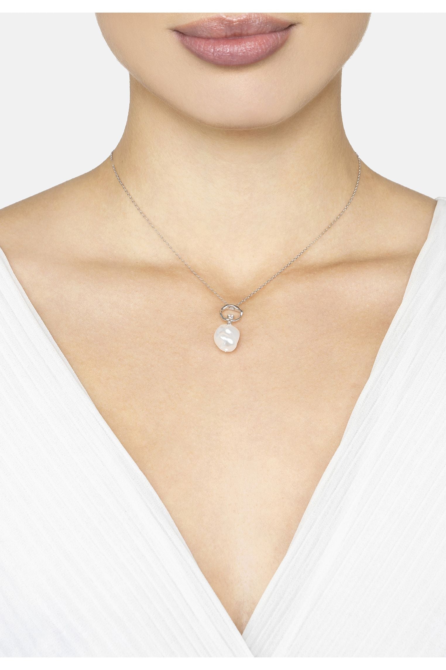 Baroque Pearl And Halo Necklace Silver