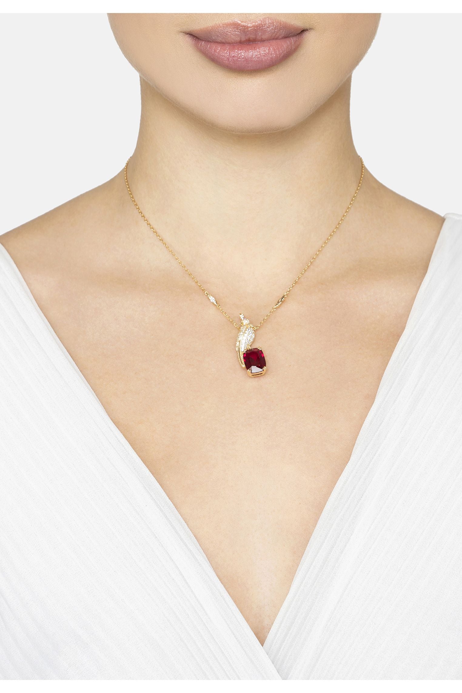 Crested Love Bird Pendant Necklace Ruby Gold