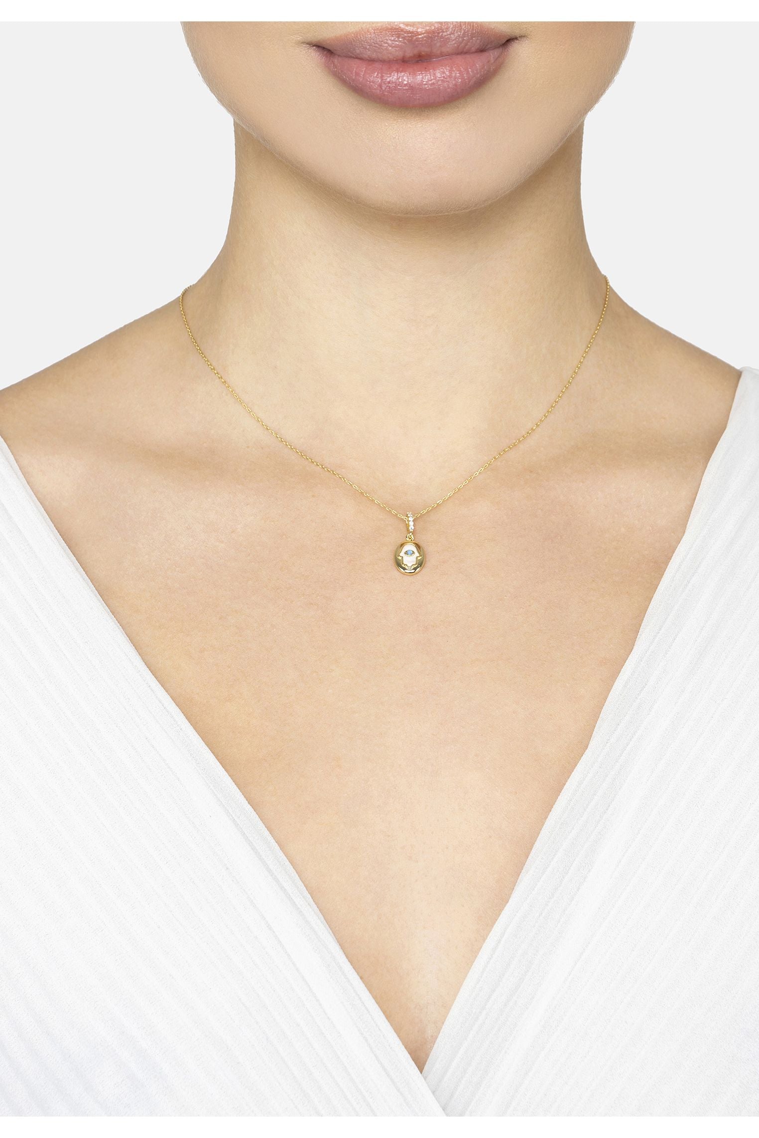 Hamsa Hand Mother Of Pearl With Opal Necklace Gold