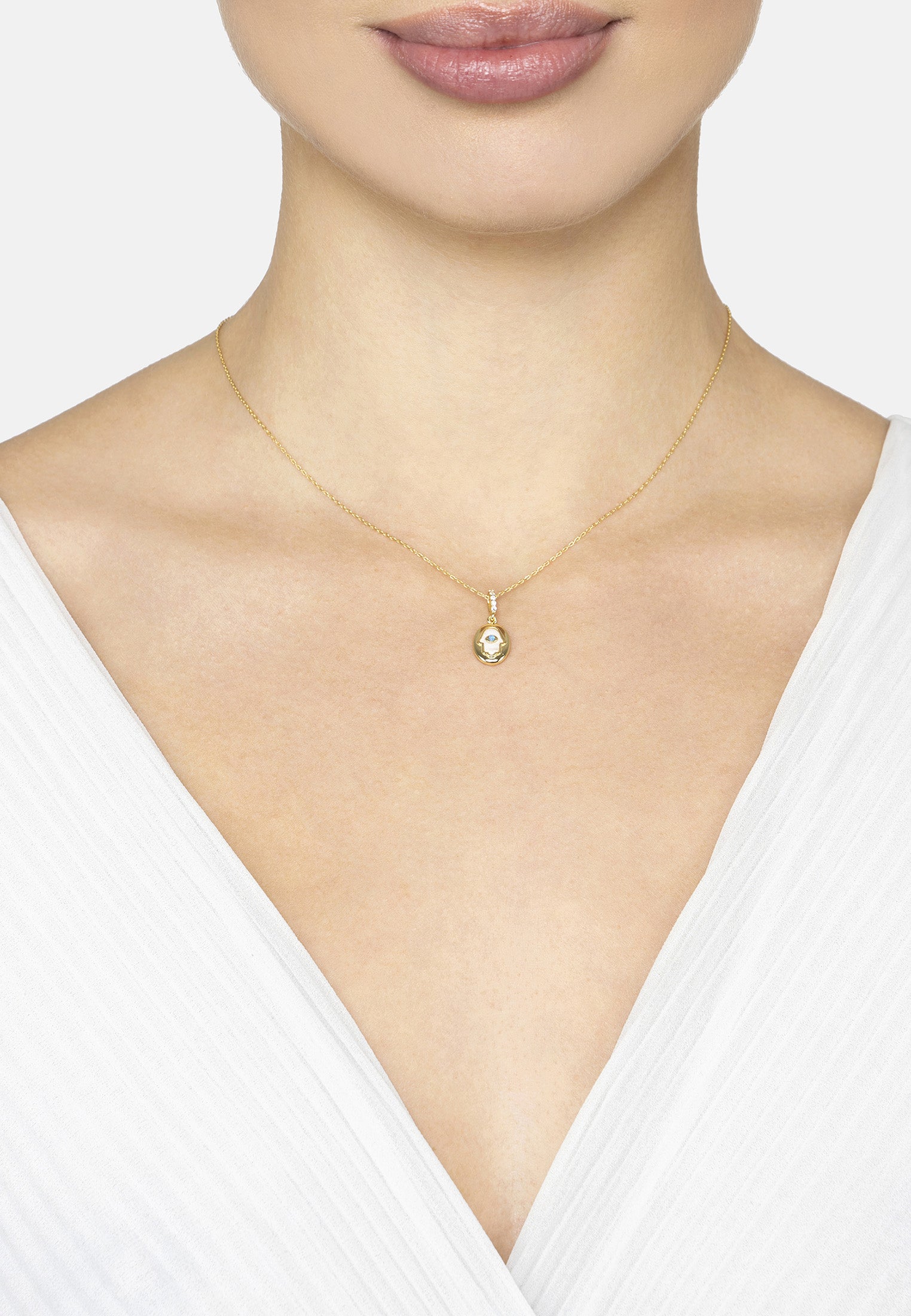 Hamsa Hand Mother Of Pearl With Opal Necklace Gold