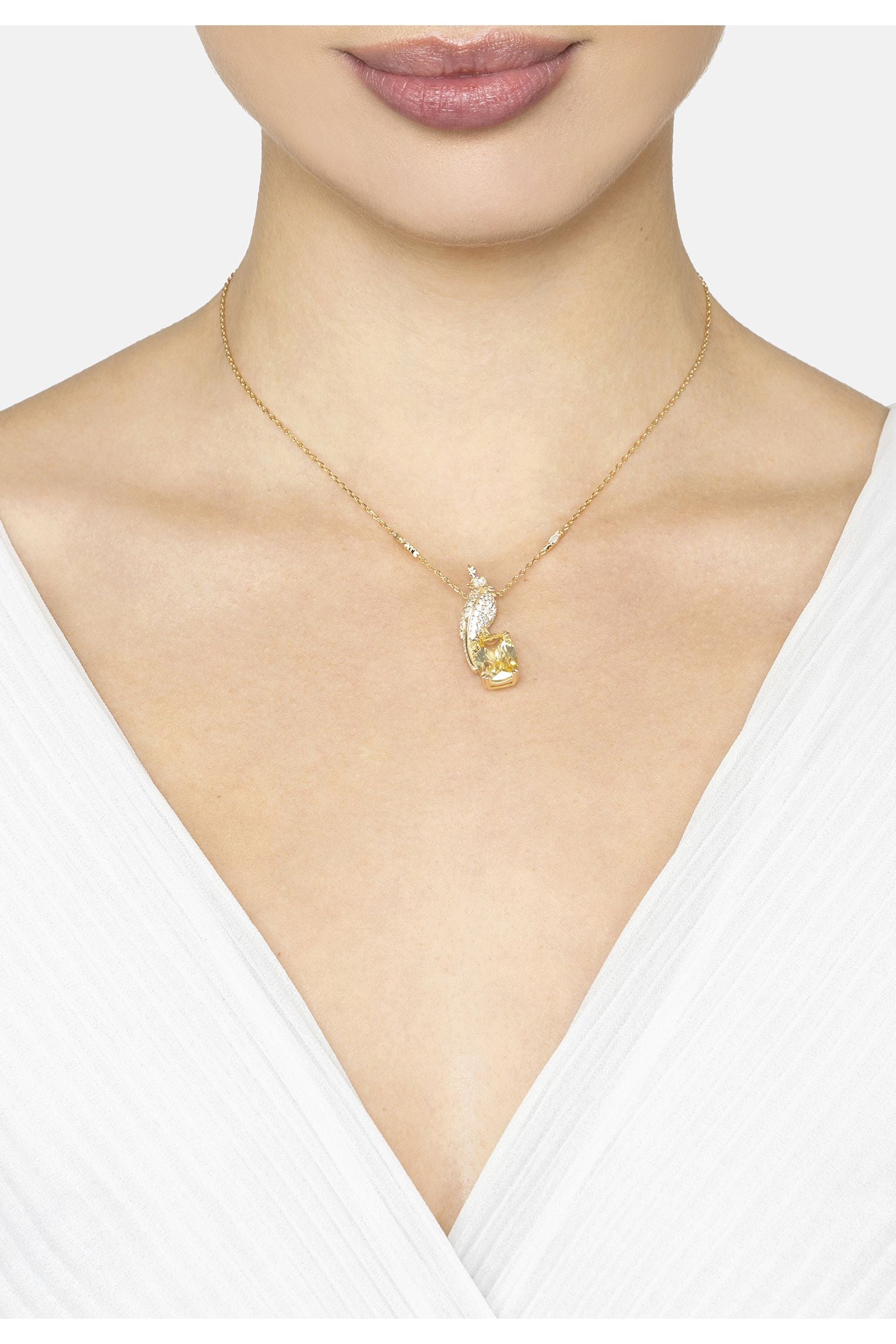 Crested Love Bird Pendant Necklace Yellow Topaz Gold