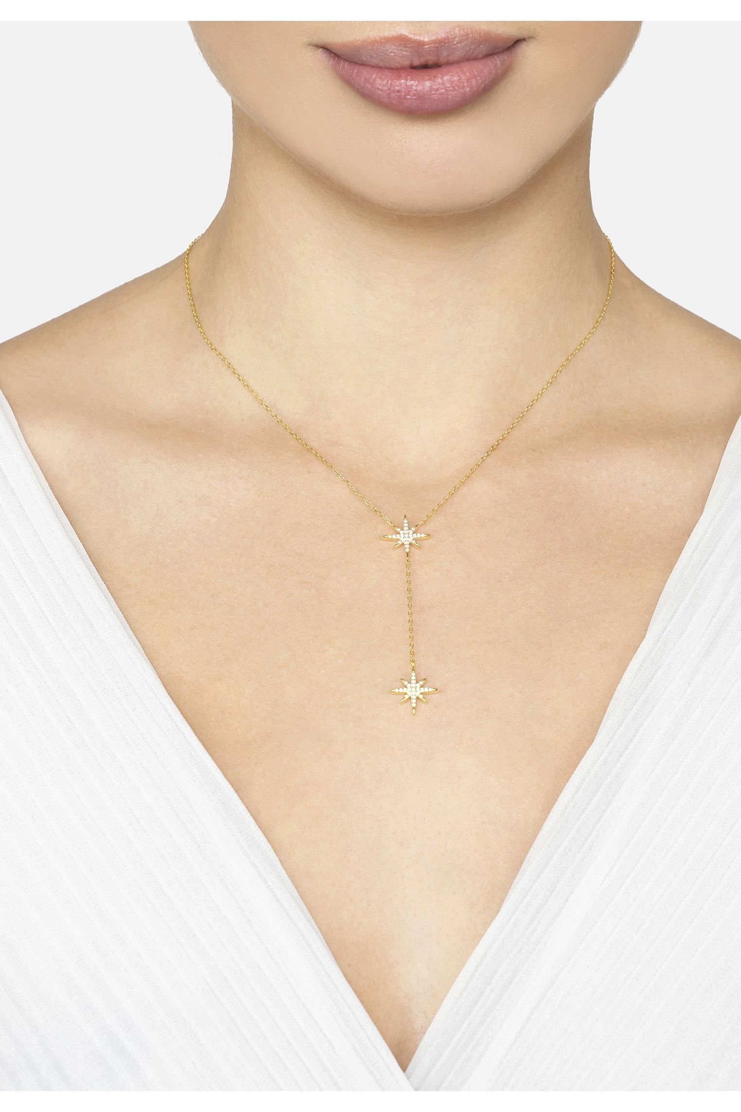 Double Starburst Drop Necklace Gold