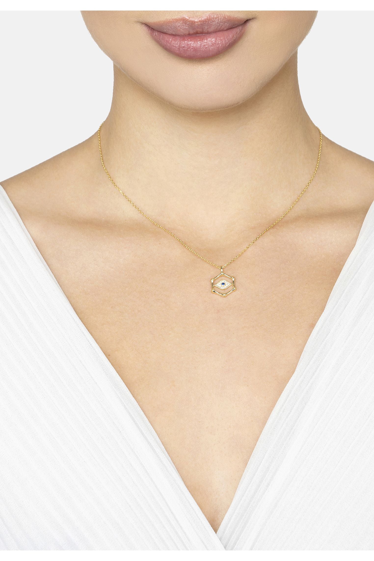 Bamboo Hexagon Evil Eye Necklace Gold