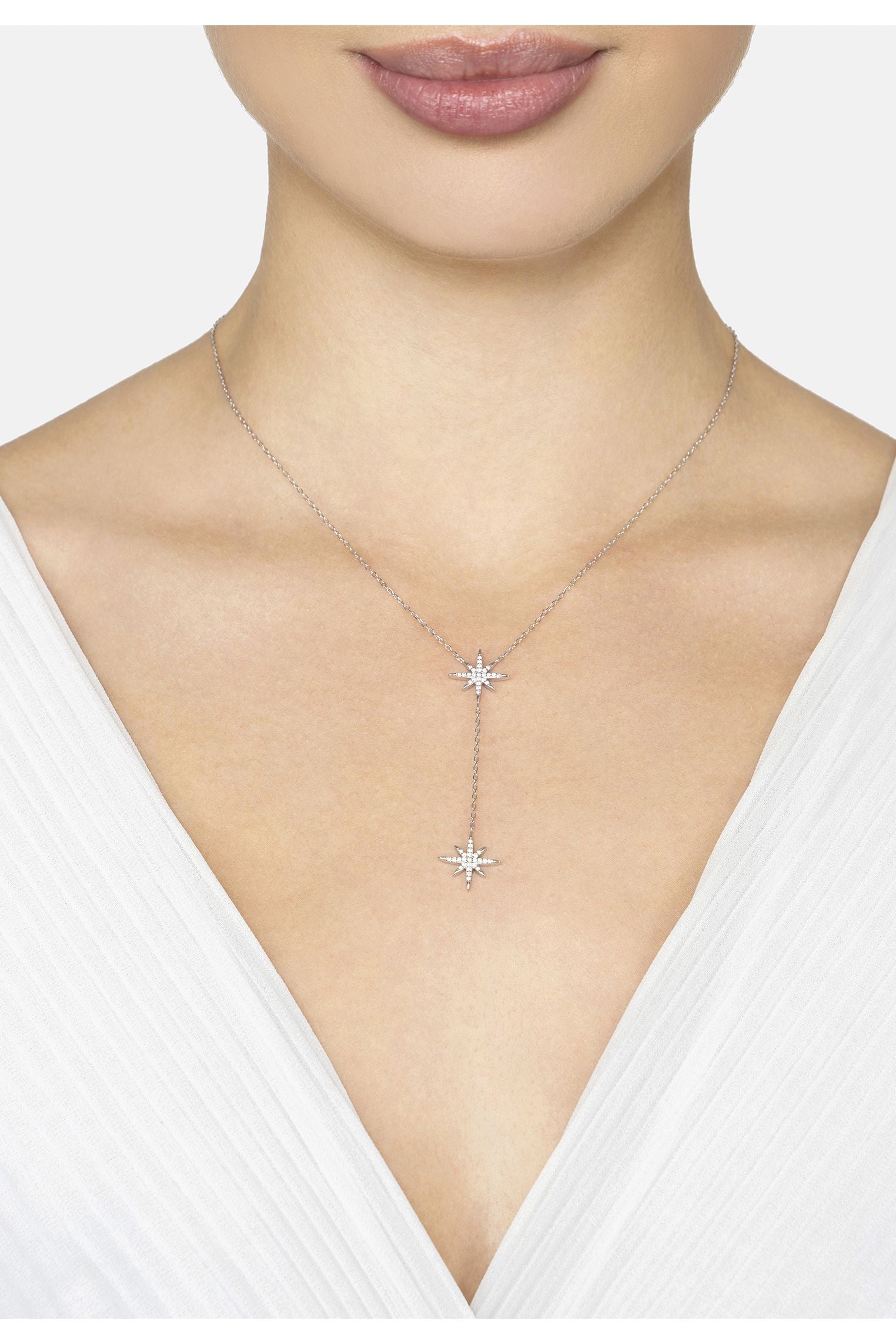 Double Starburst Drop Necklace Silver