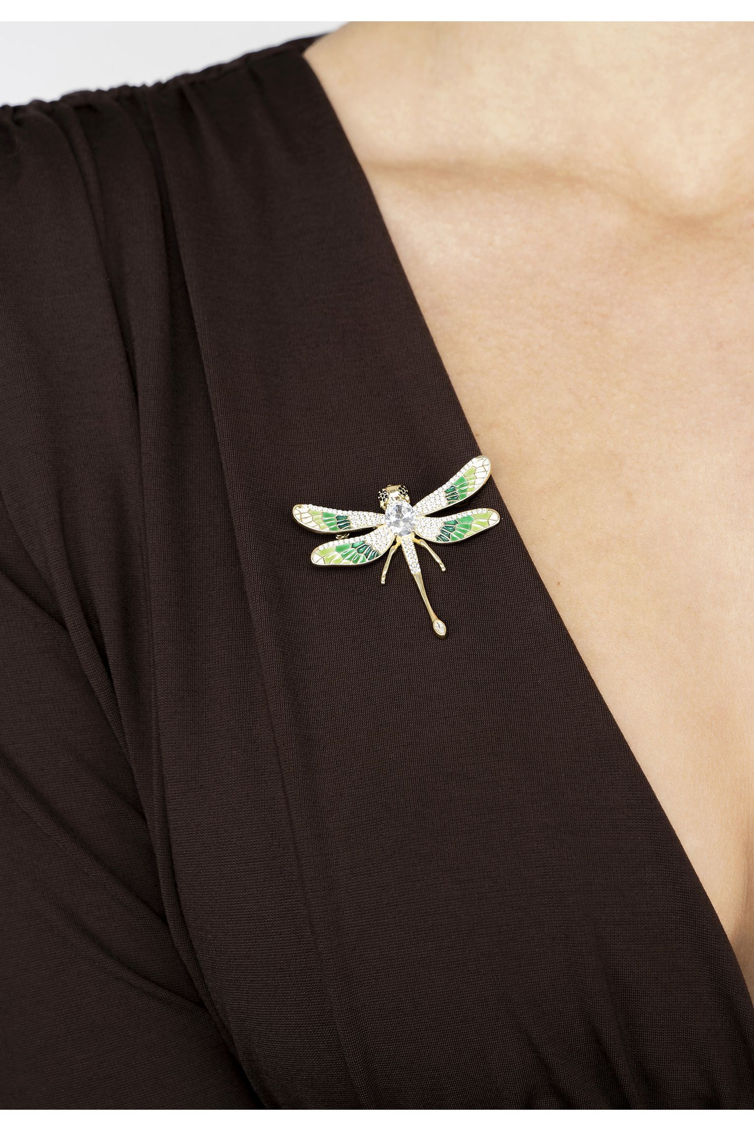Dragonfly Green Enamel Brooch Gold