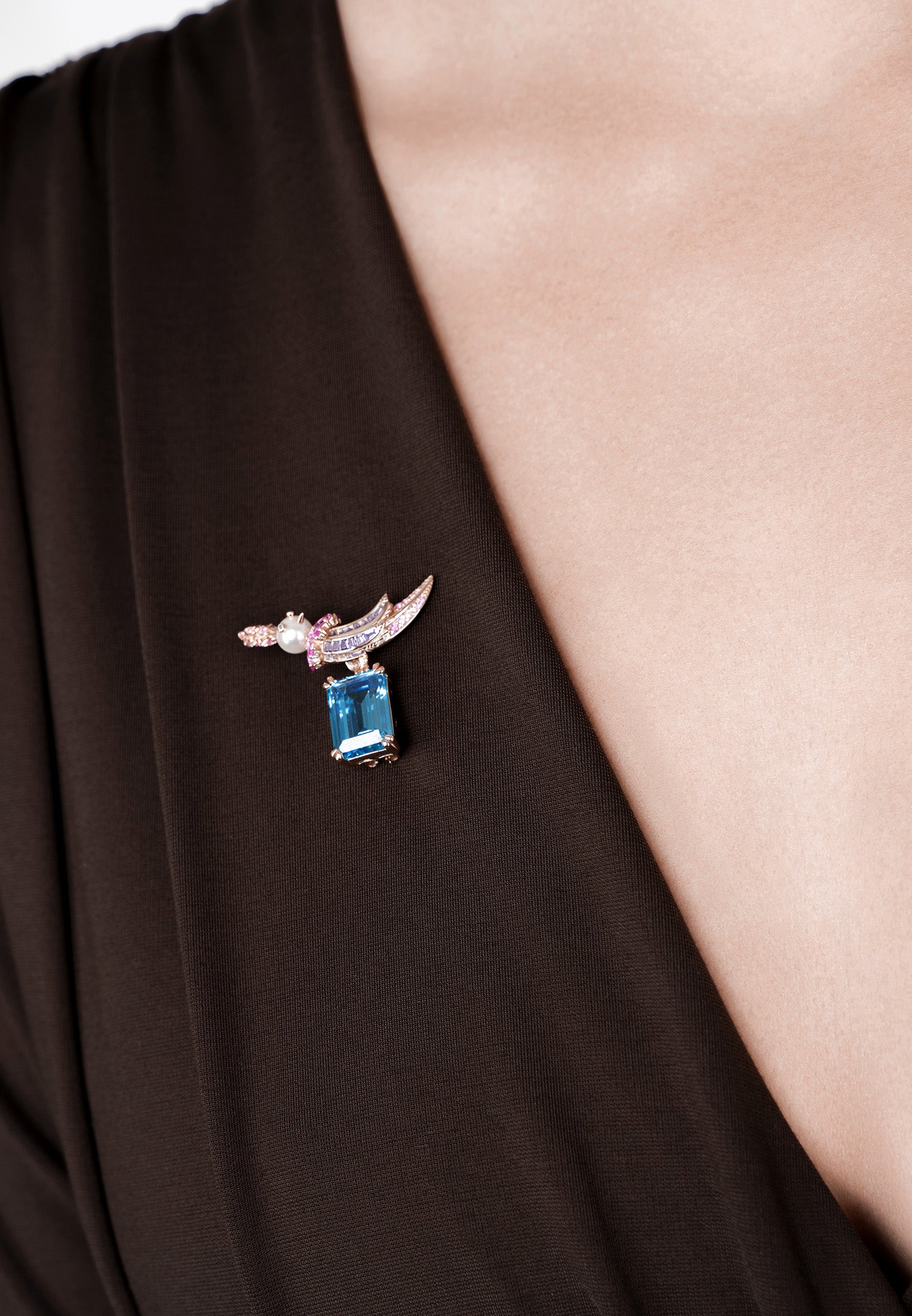 Bird Of Paradise Pearl Brooch Blue Topaz Rosegold