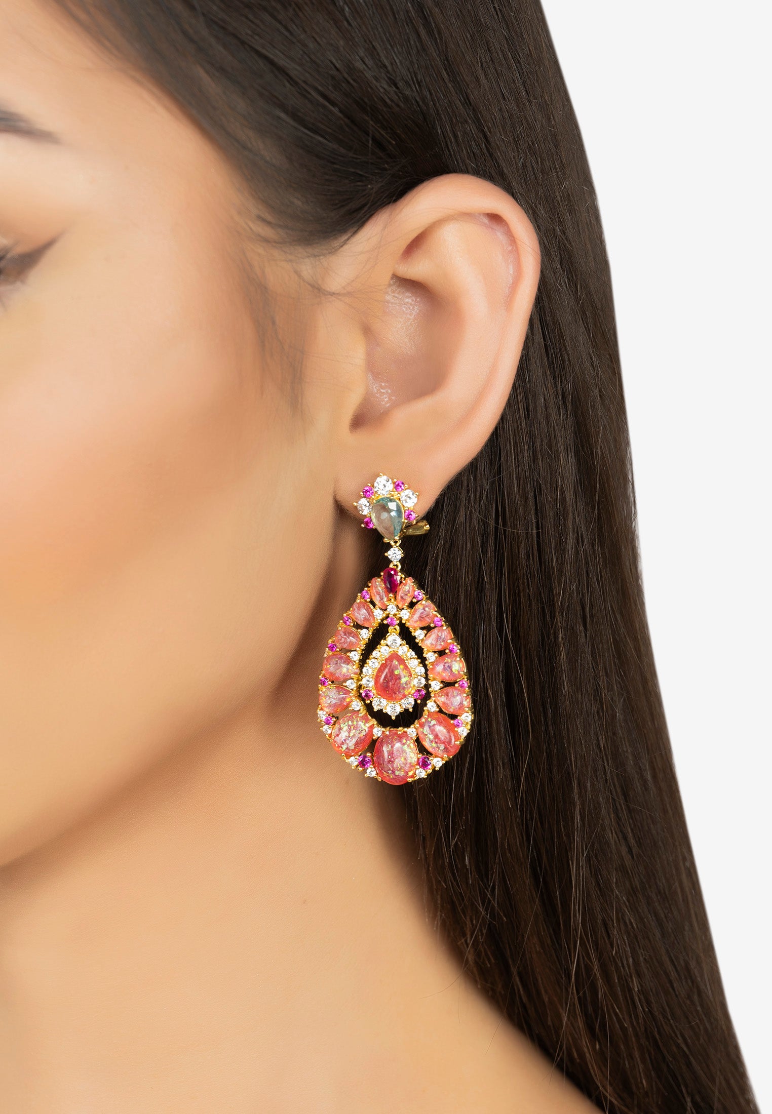 The earring worn by a model.