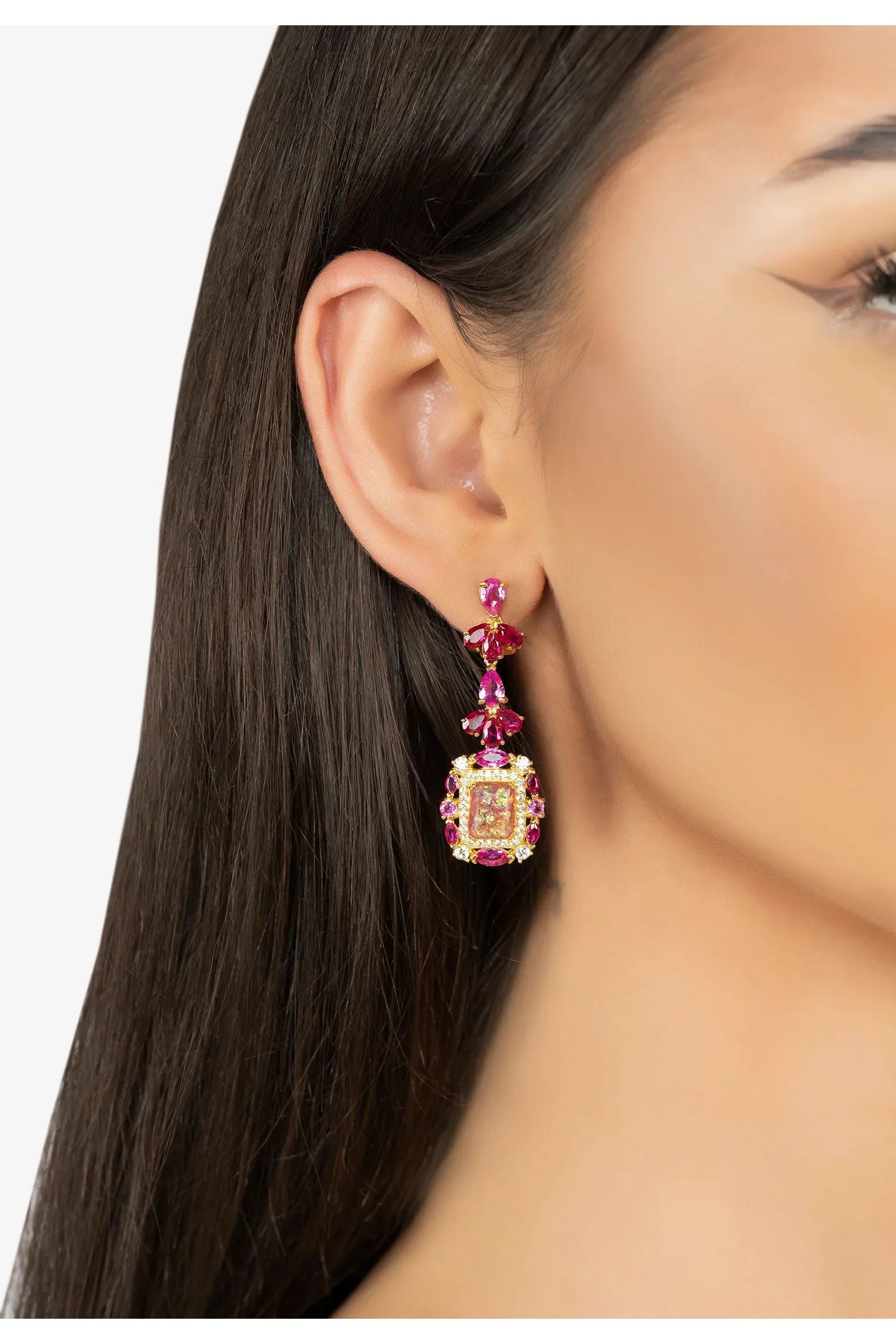 The earring worn by a model.