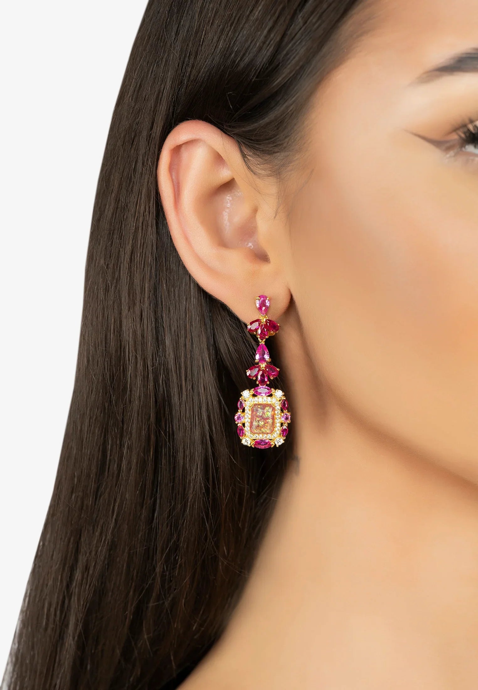 The earring worn by a model.