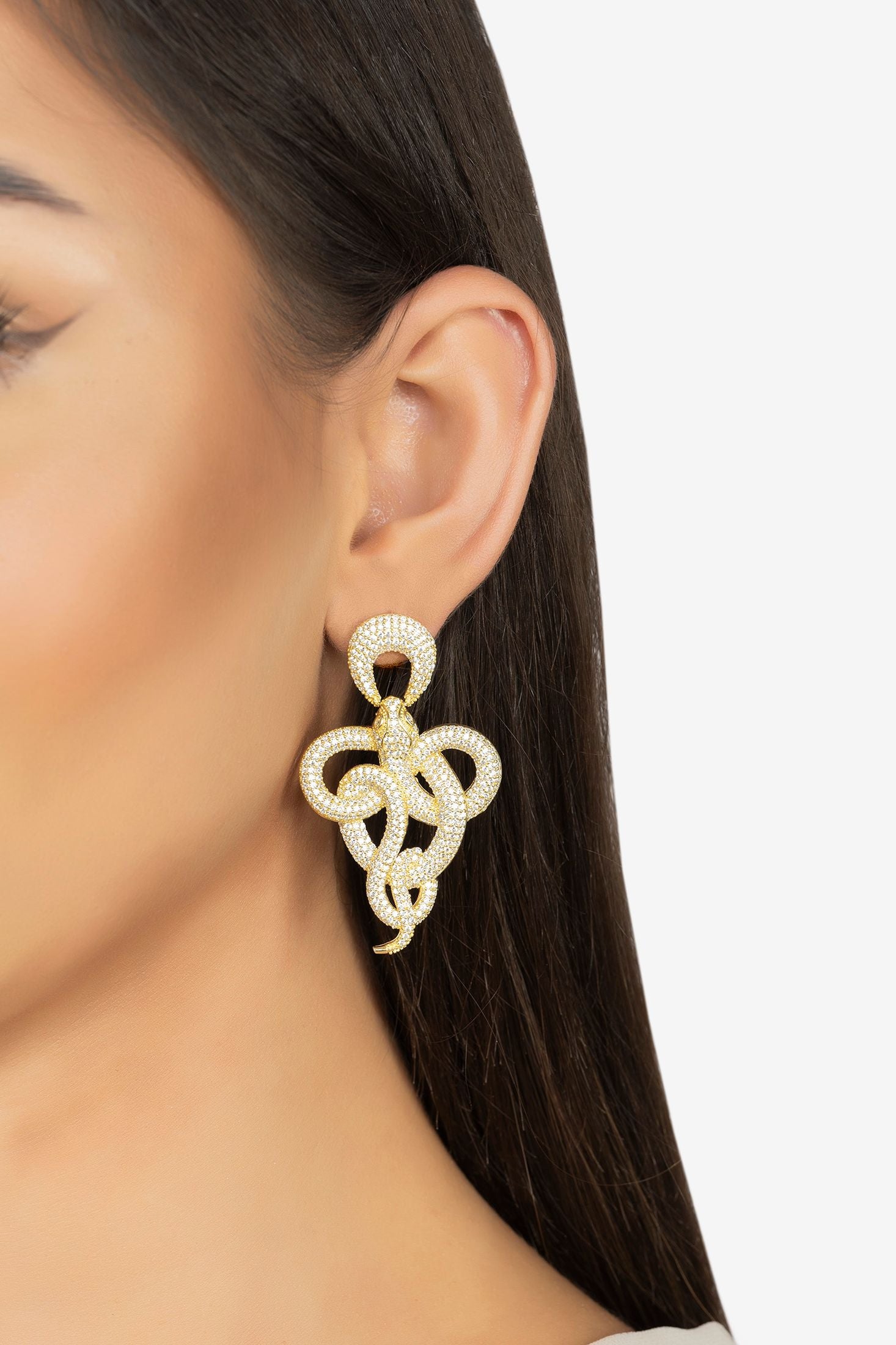 The earring worn by a model.