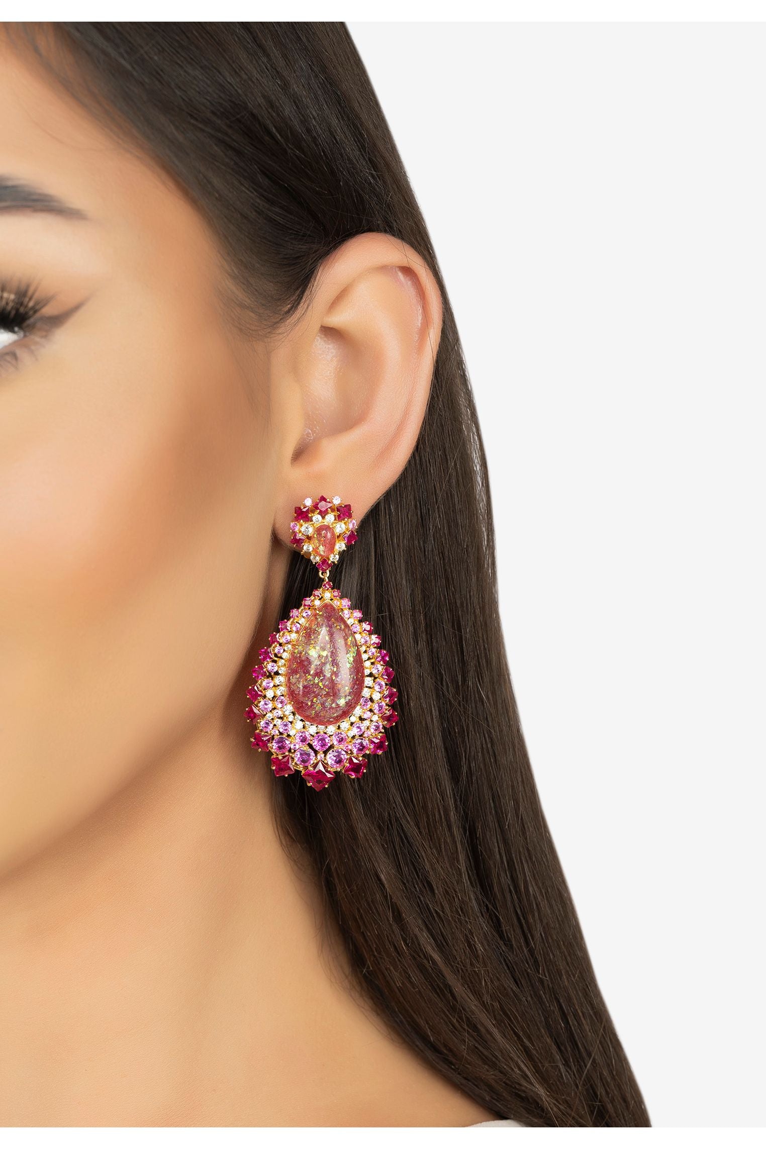 The earring worn by a model.