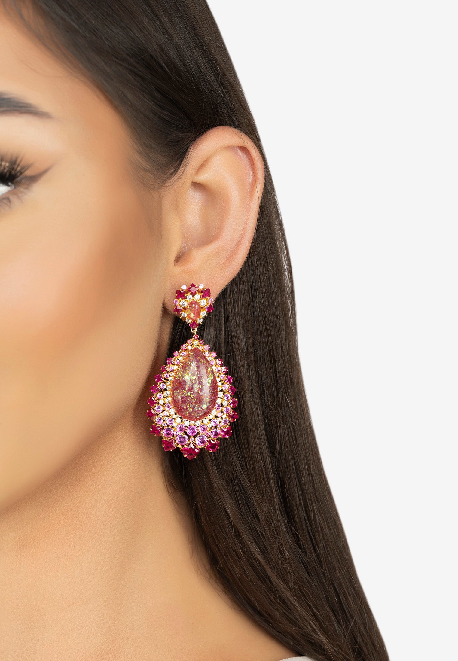The earring worn by a model.