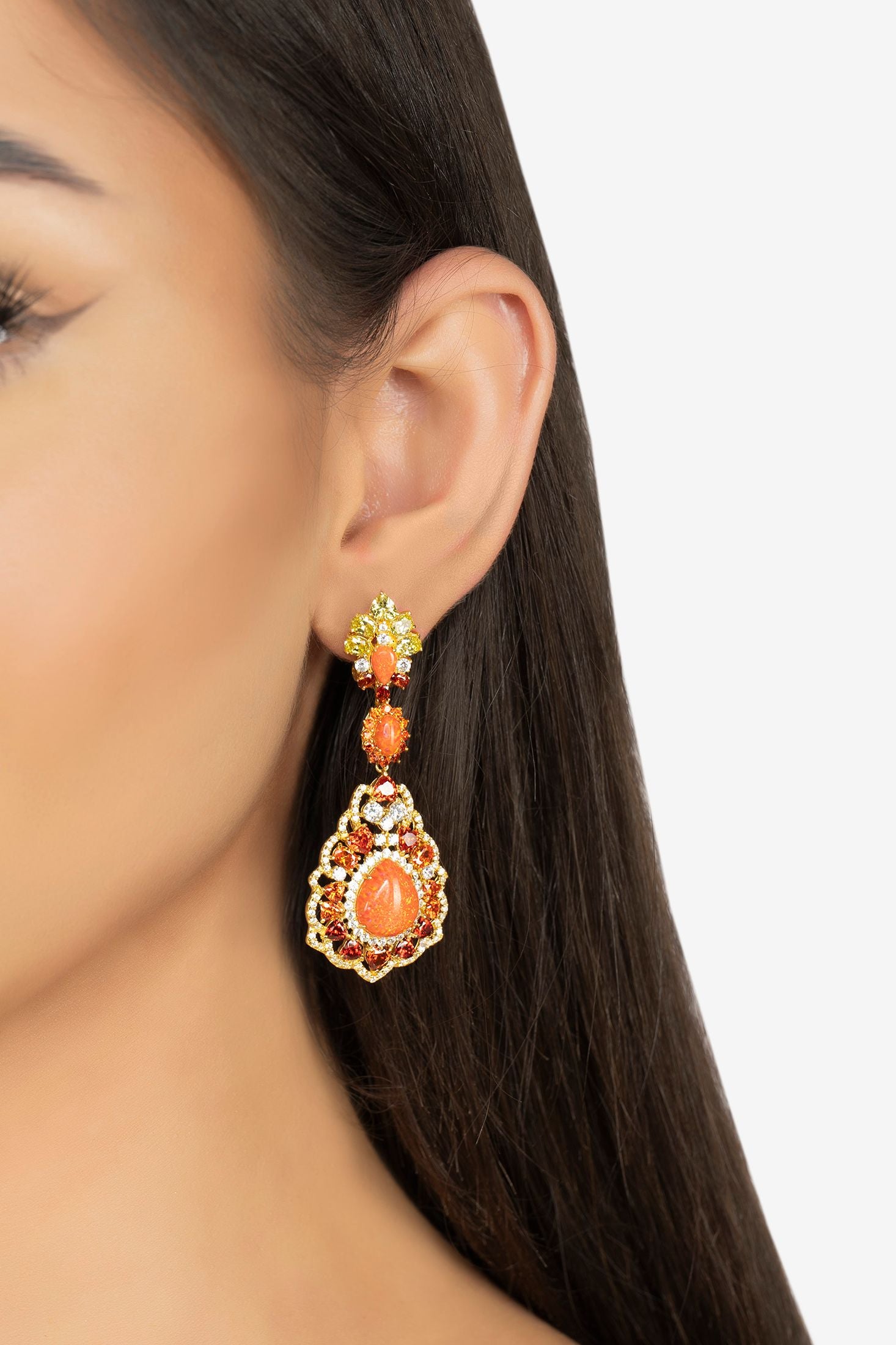 The earring worn by a model.