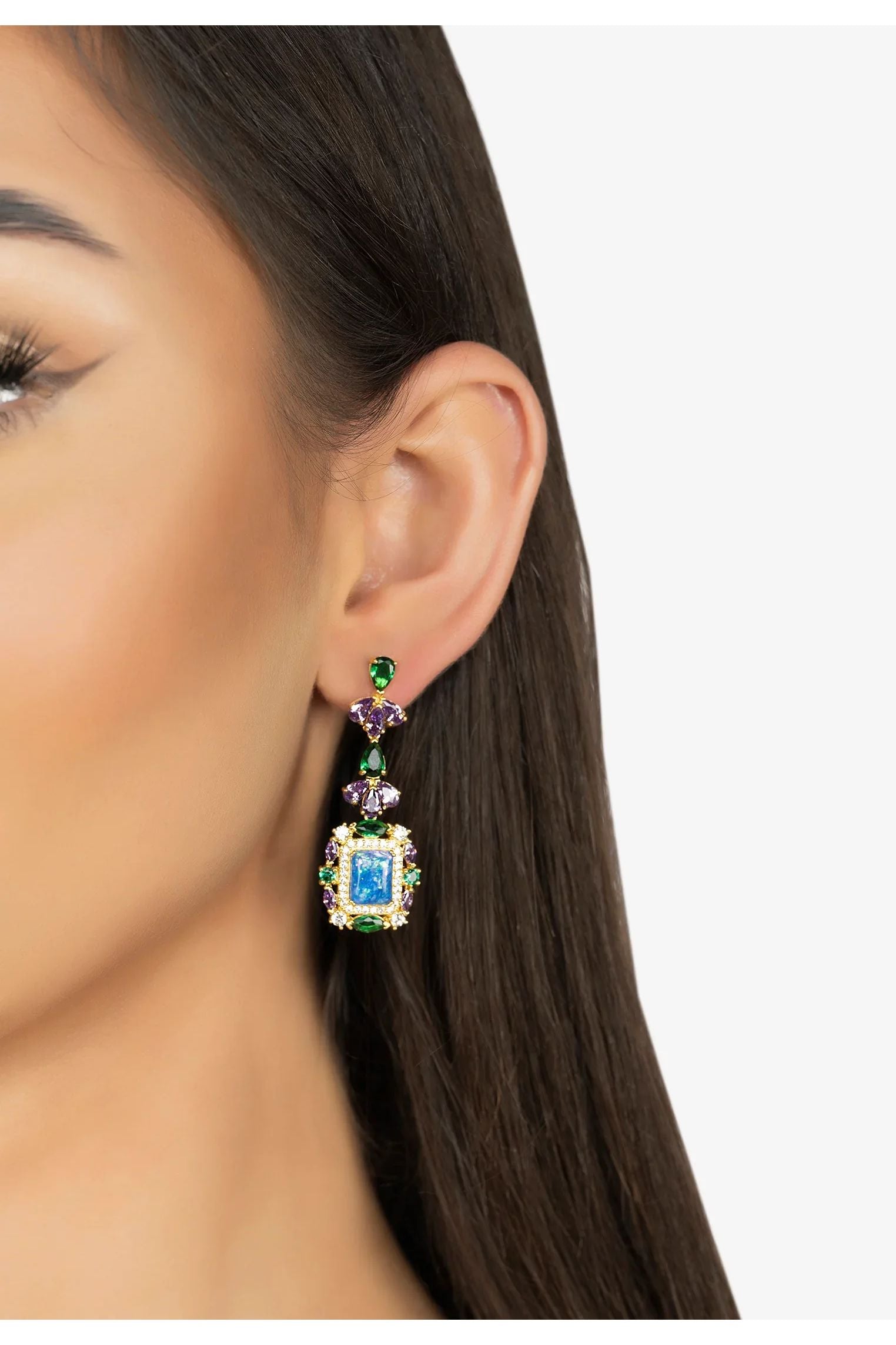 The earring worn by a model.