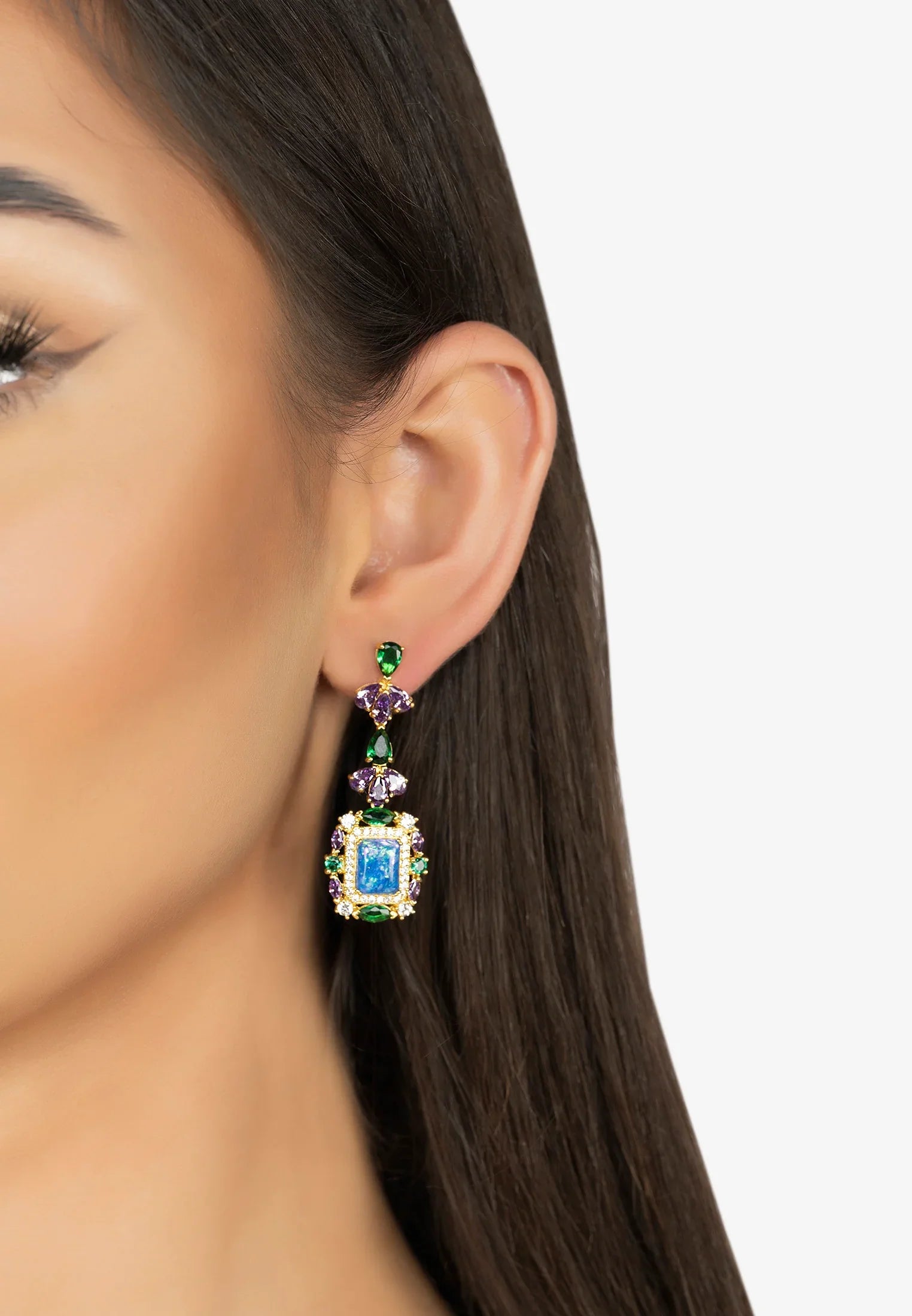 The earring worn by a model.
