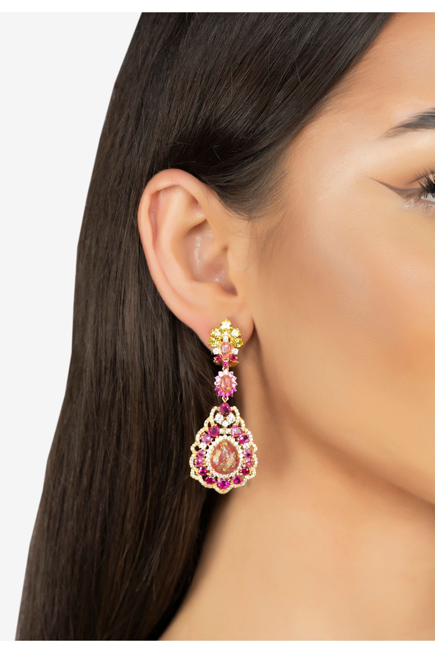 The earring worn by a model.