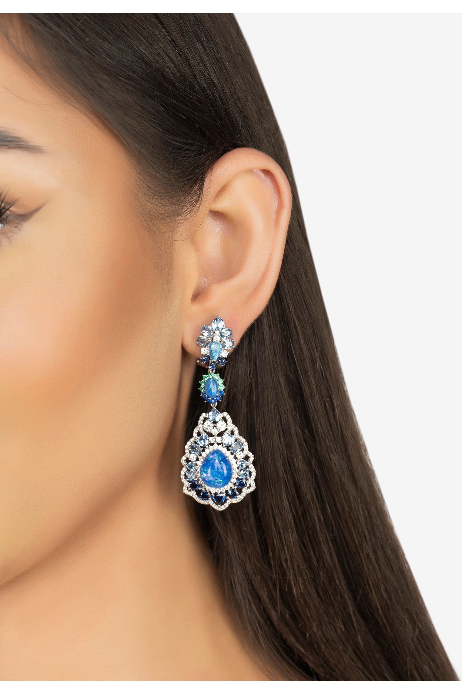 The earring worn by a model.