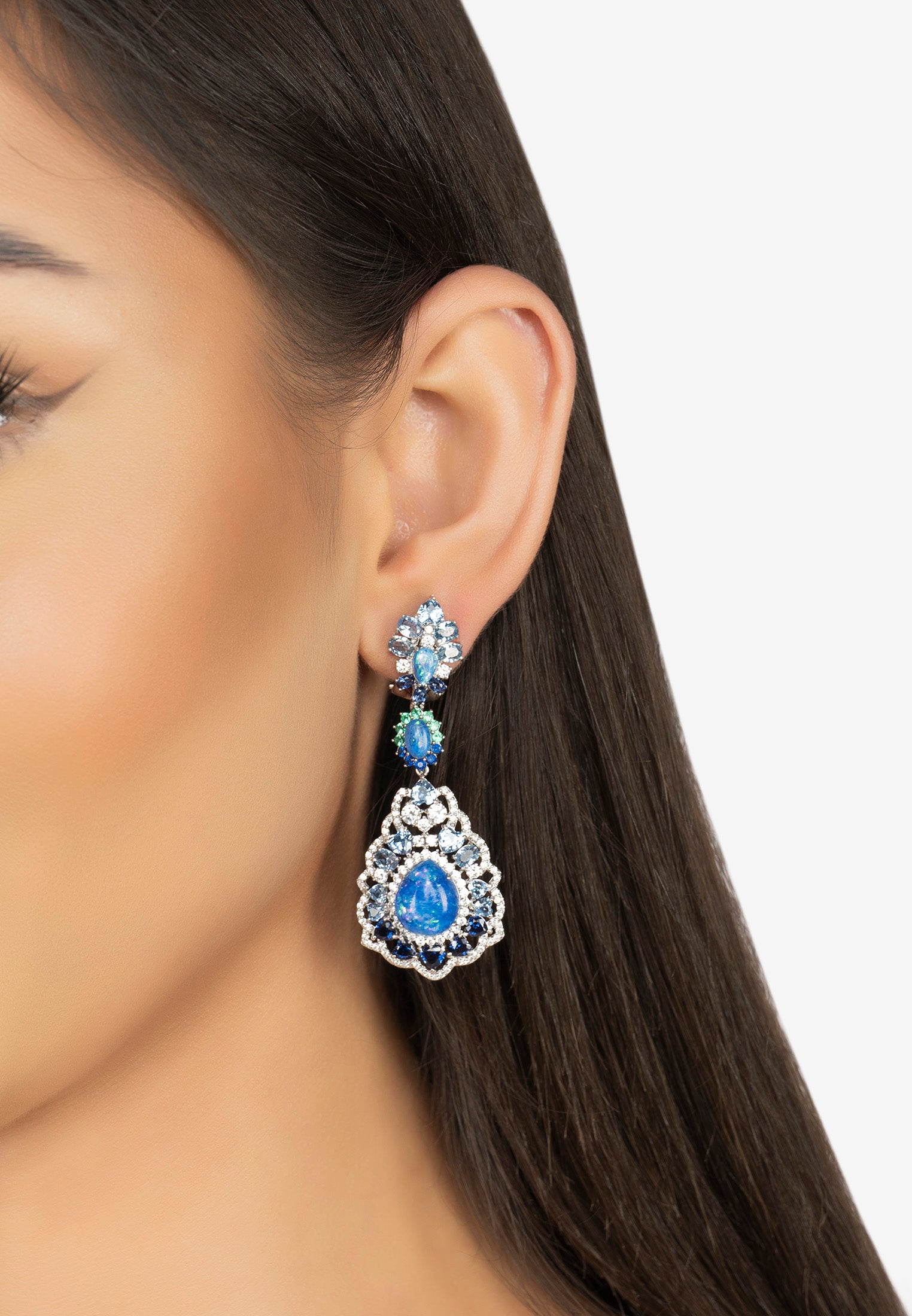 The earring worn by a model.