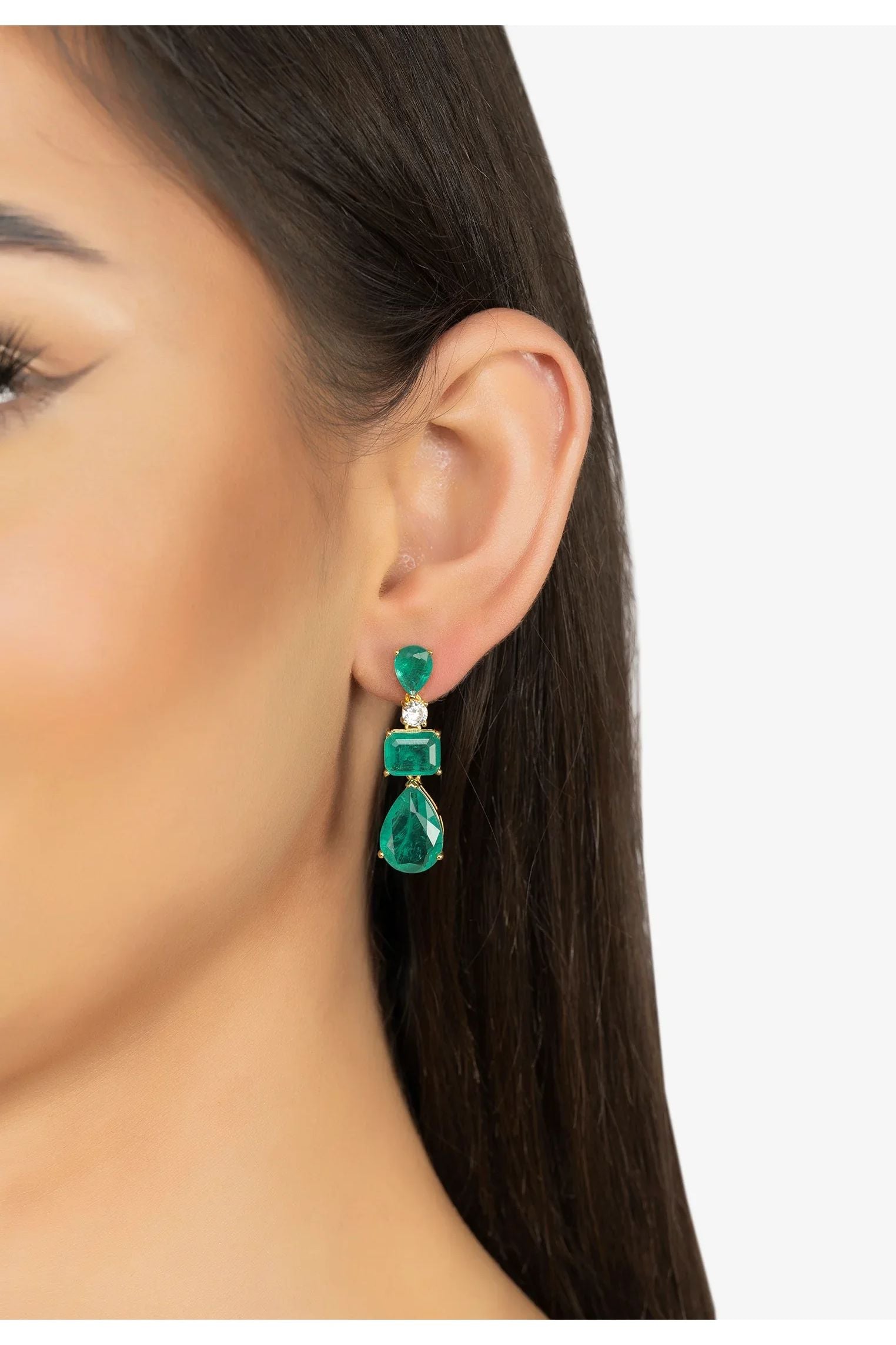 The earring worn by a model.