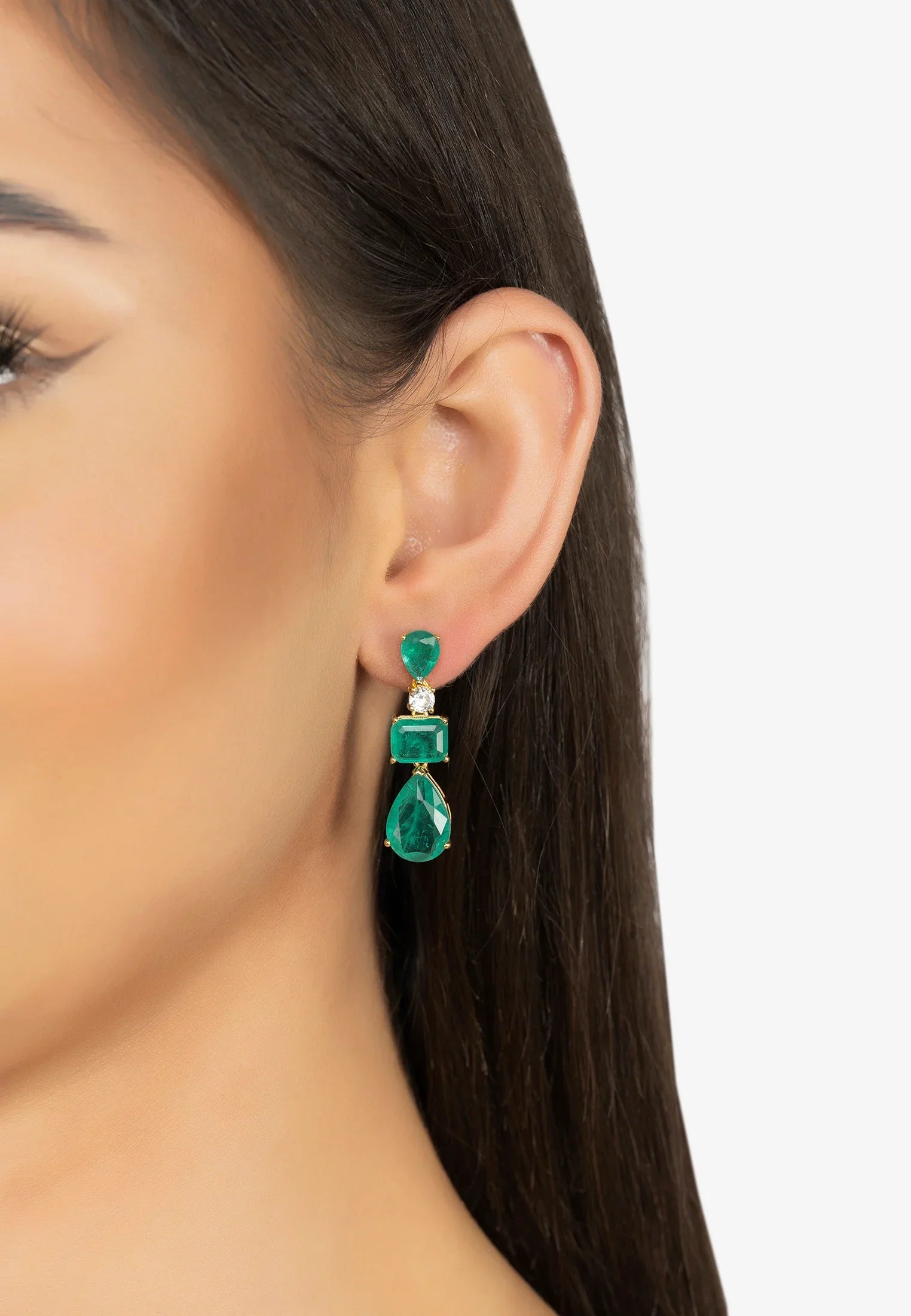 The earring worn by a model.