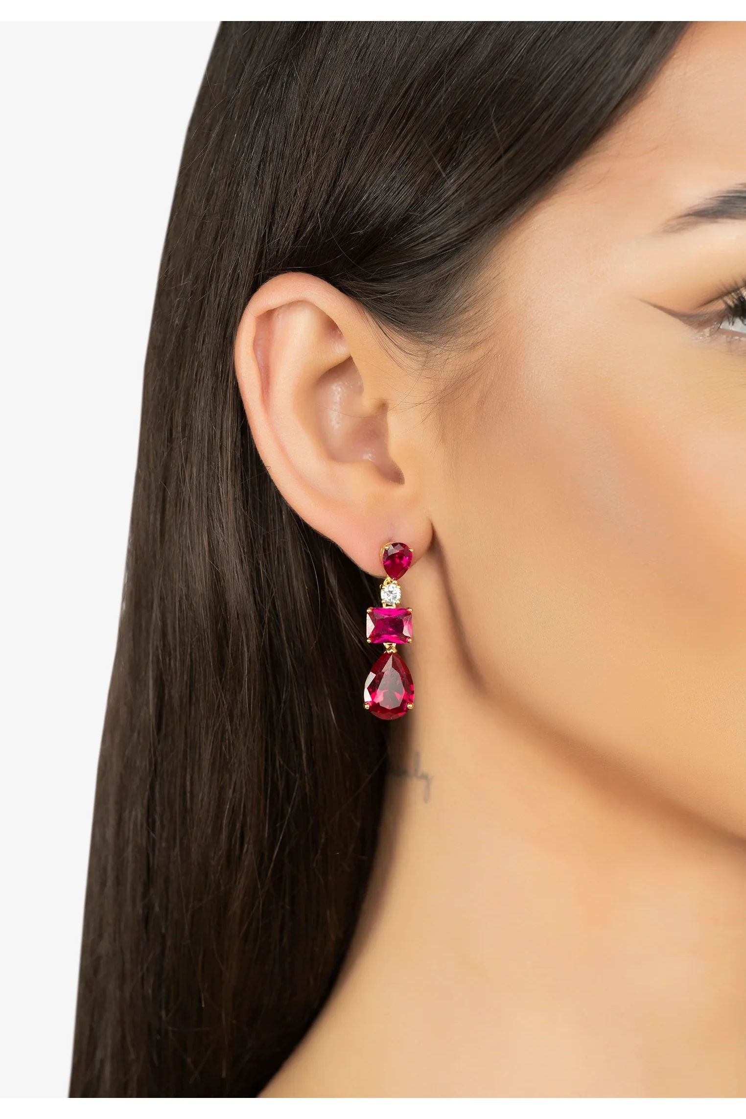 The earring worn by a model.