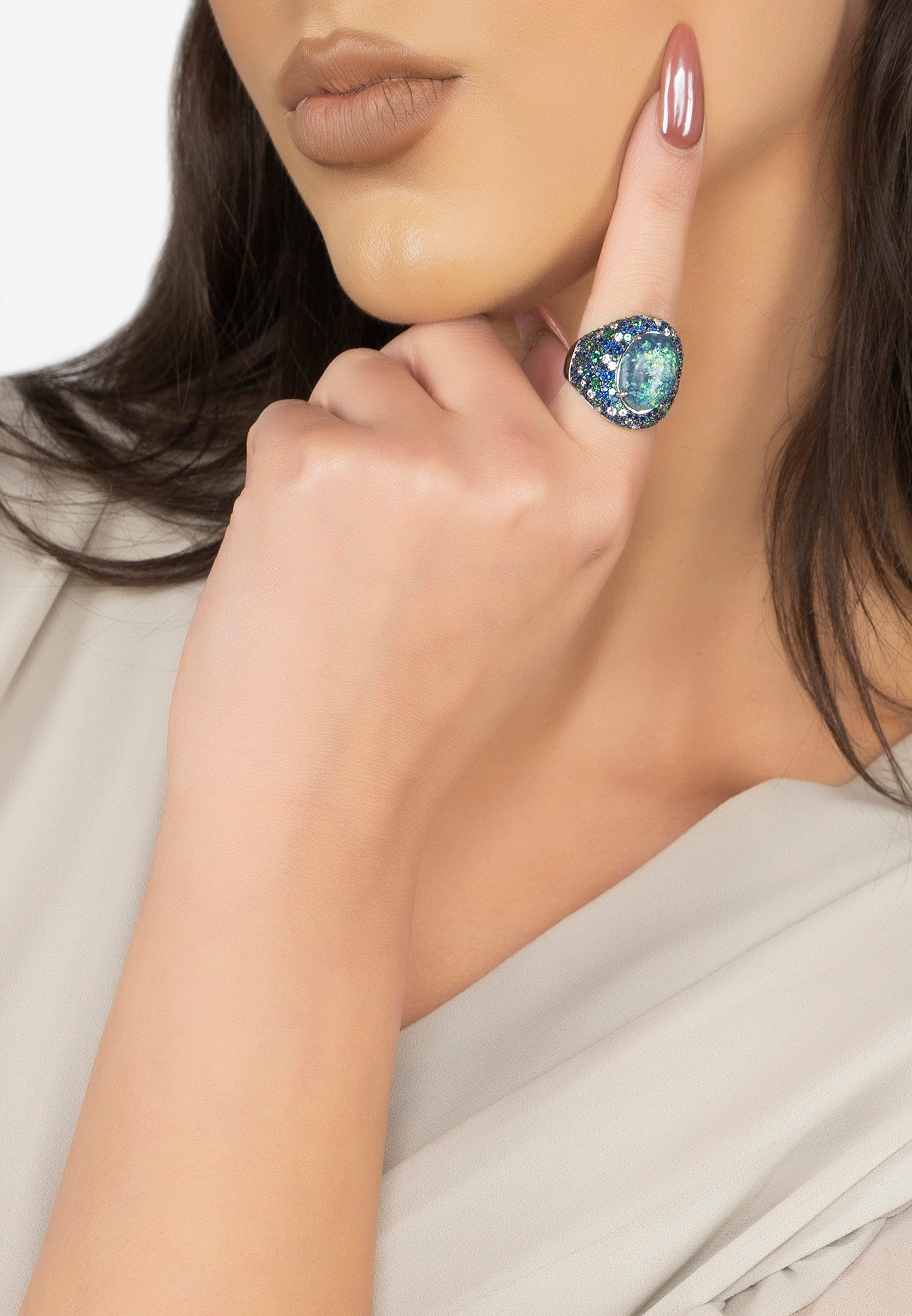 The ring worn by a model.