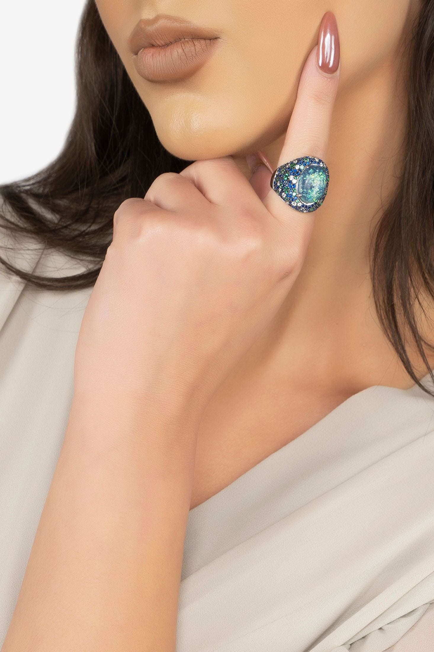 The ring worn by a model.