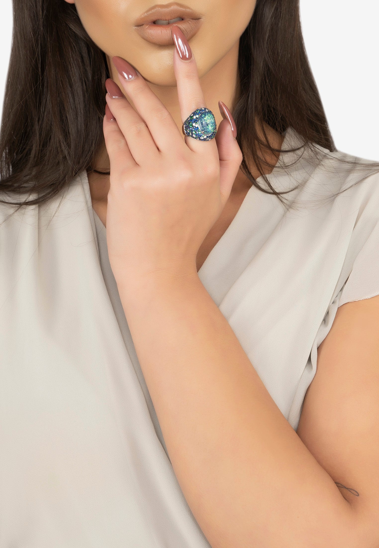 The ring worn by a model.