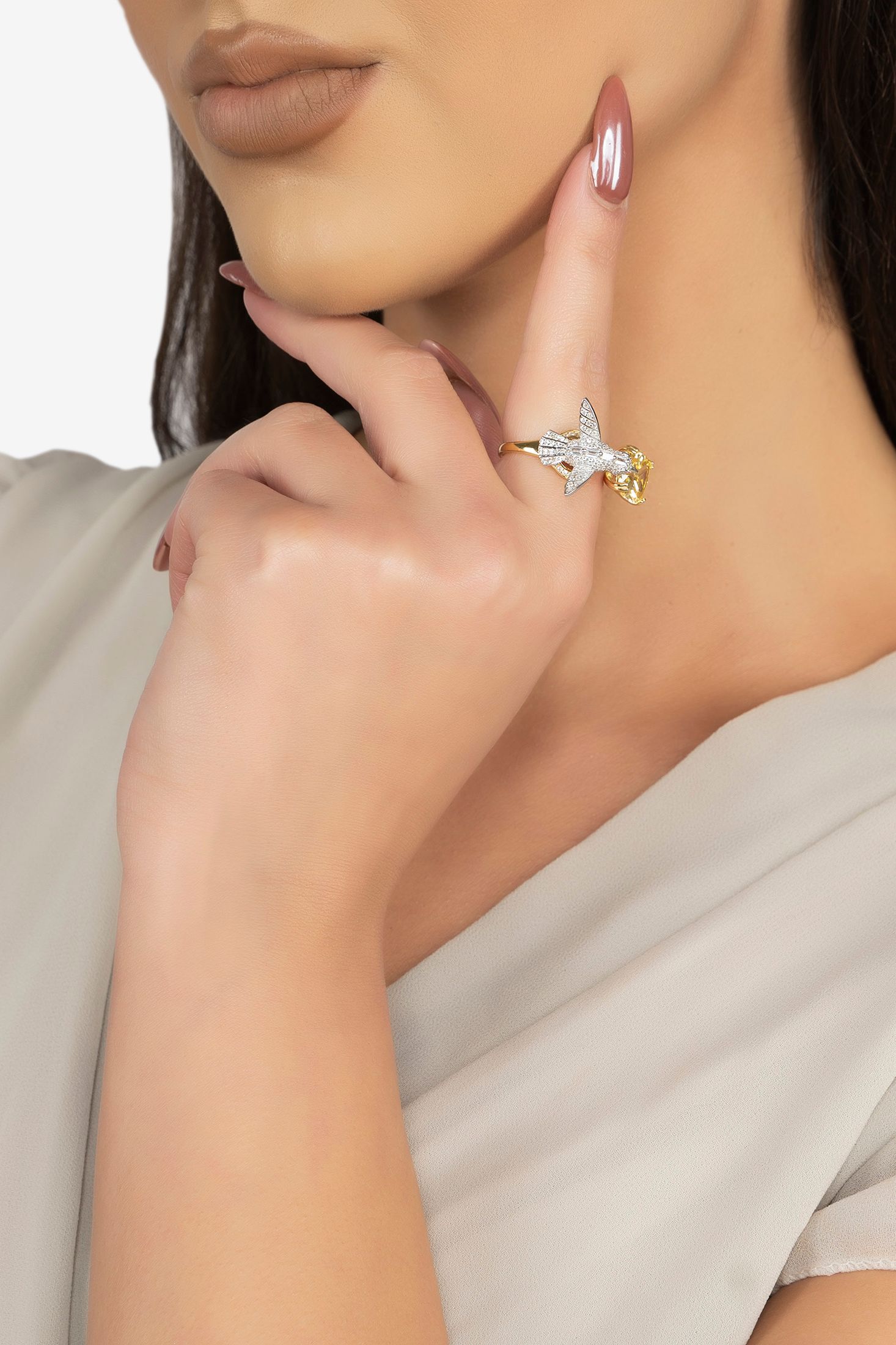 The ring worn by a model.