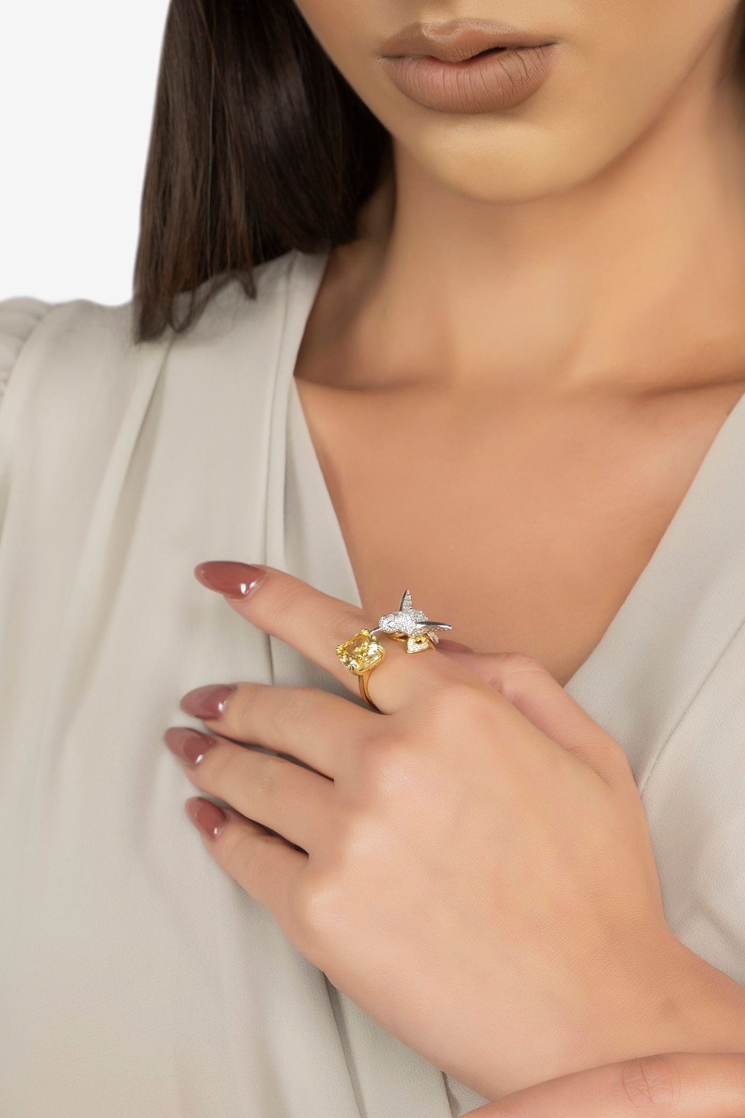 The ring worn by a model.