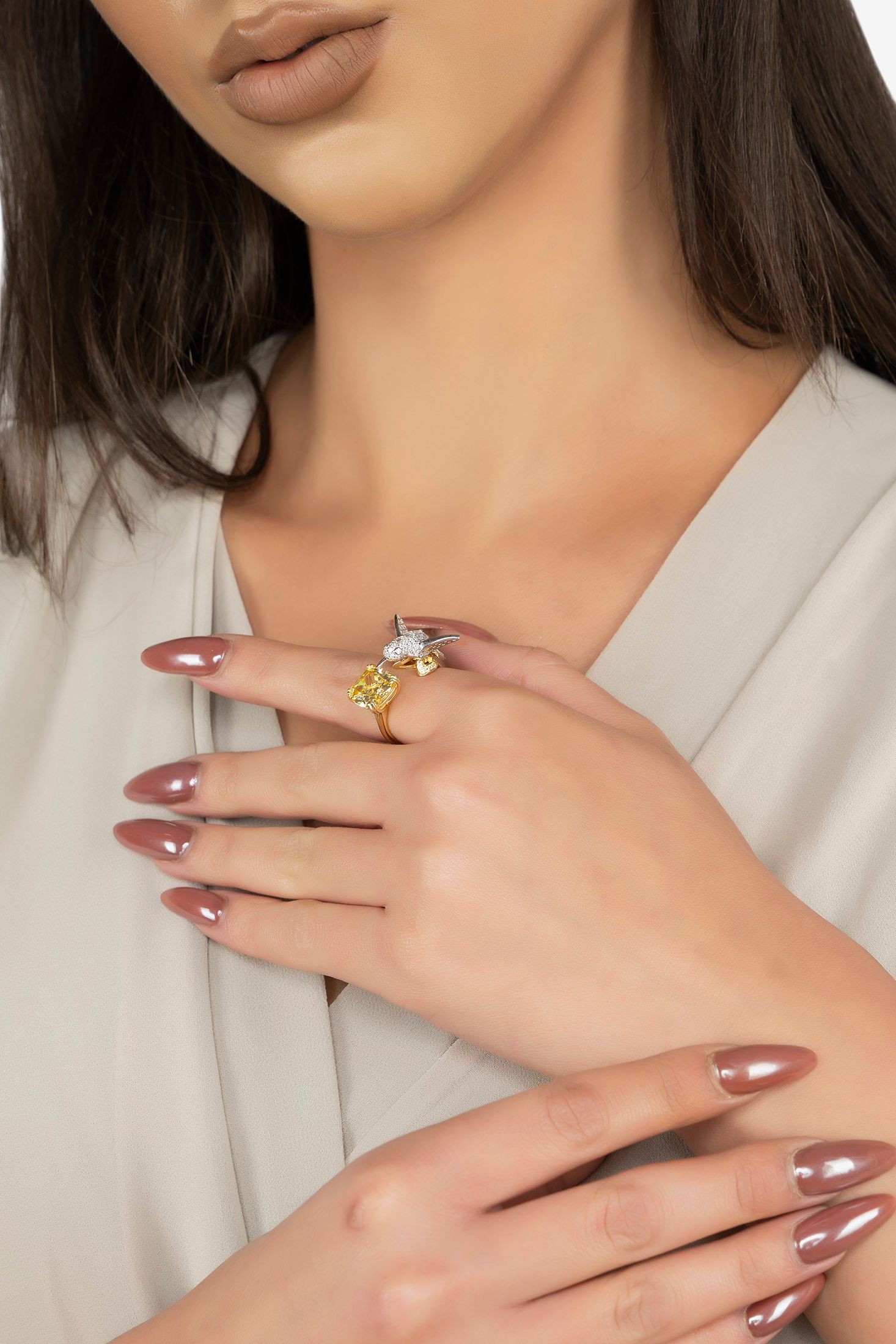 The ring worn by a model.