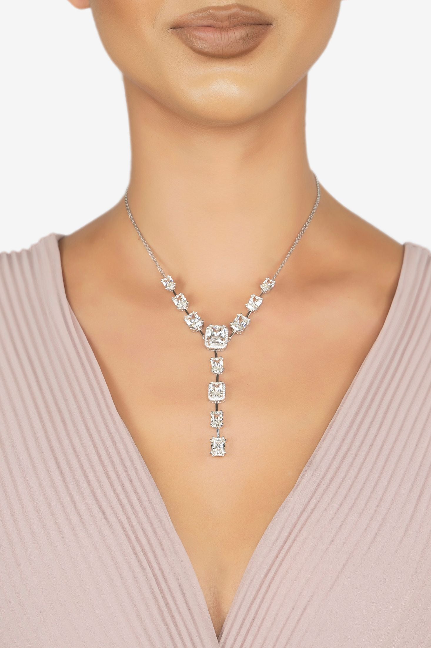 The necklace worn by a model.
