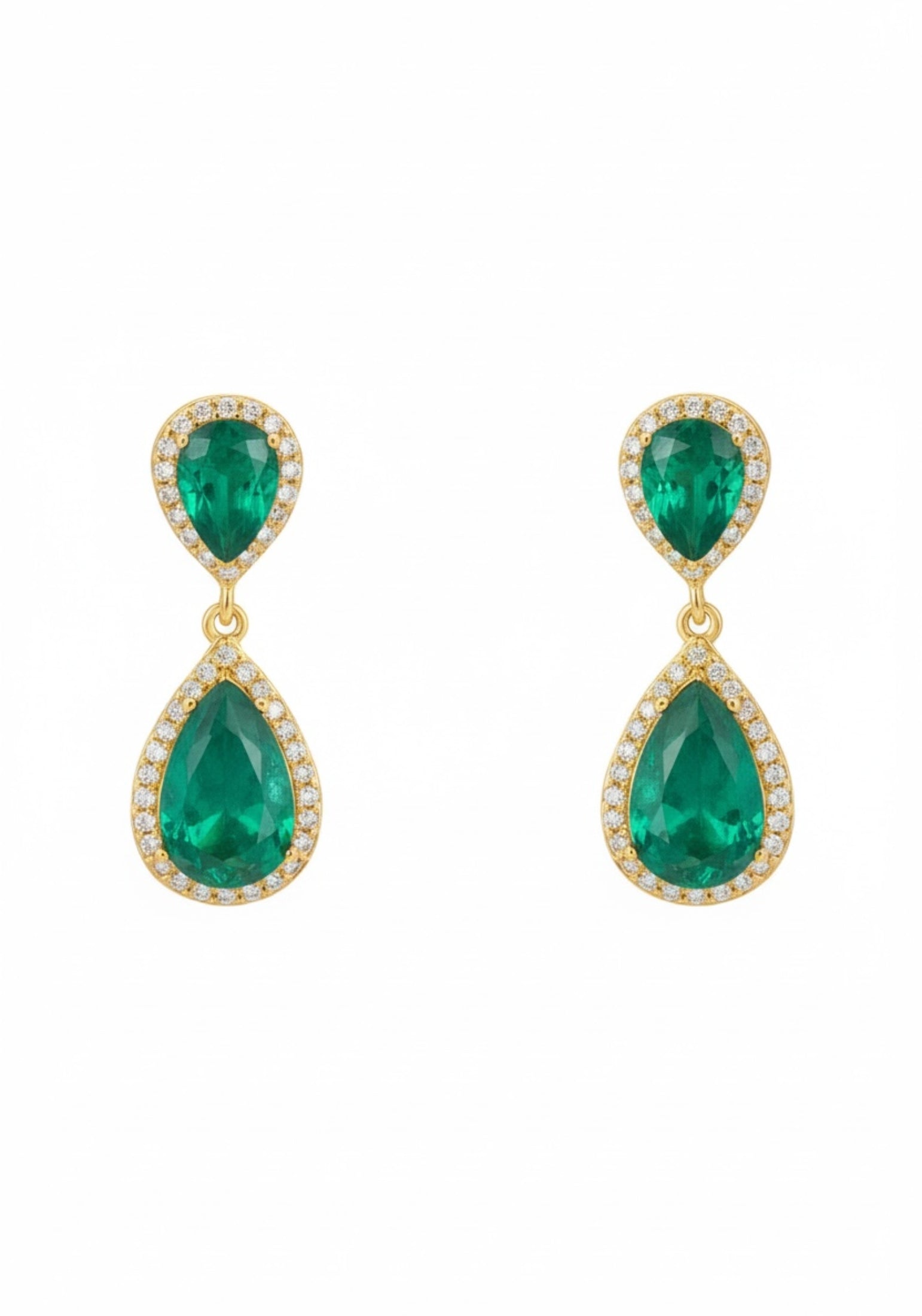 Pair of emerald green teardrop earrings with gold accents on a white background