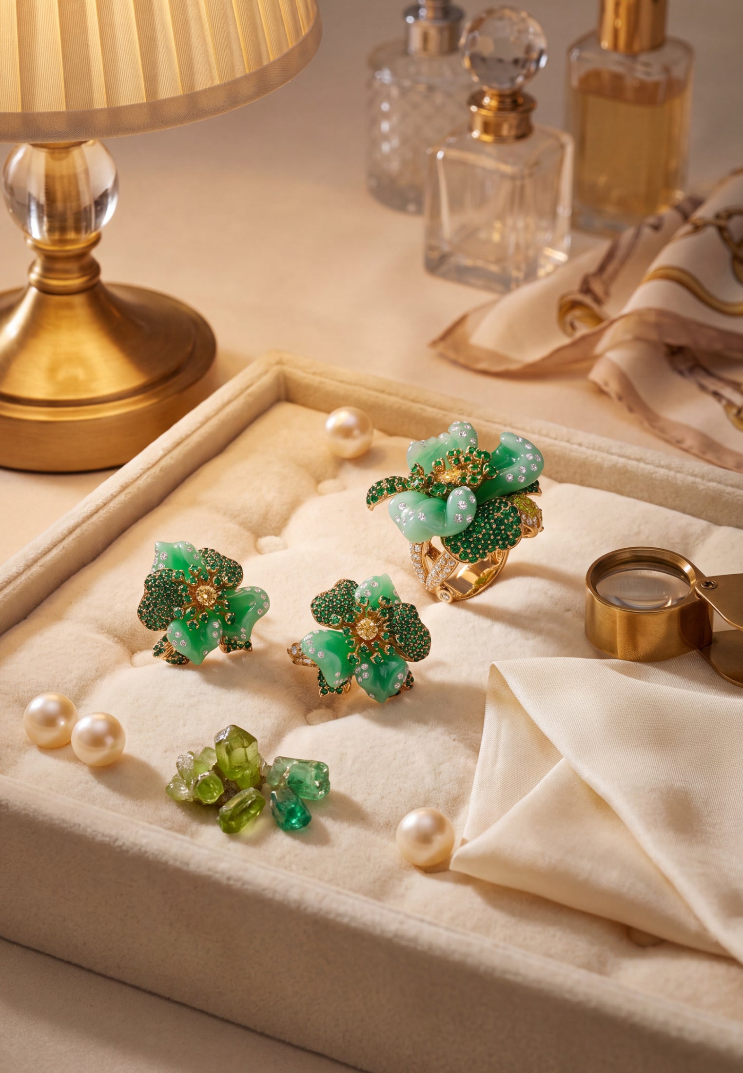 Jade Rose Flower Cocktail Ring Gold