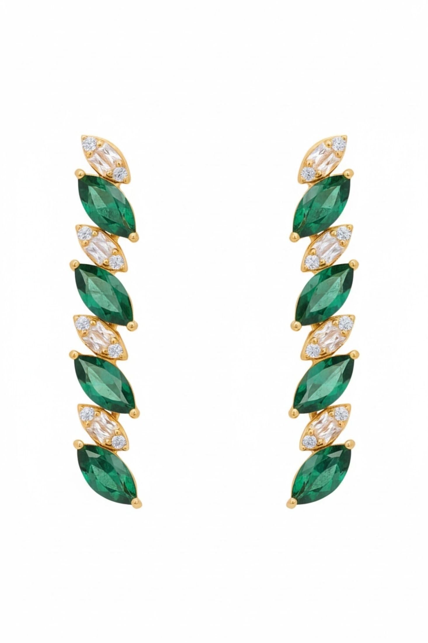 18k gold plated marquise cut tennis drop earrings with alternating emeralds and simulated diamonds.