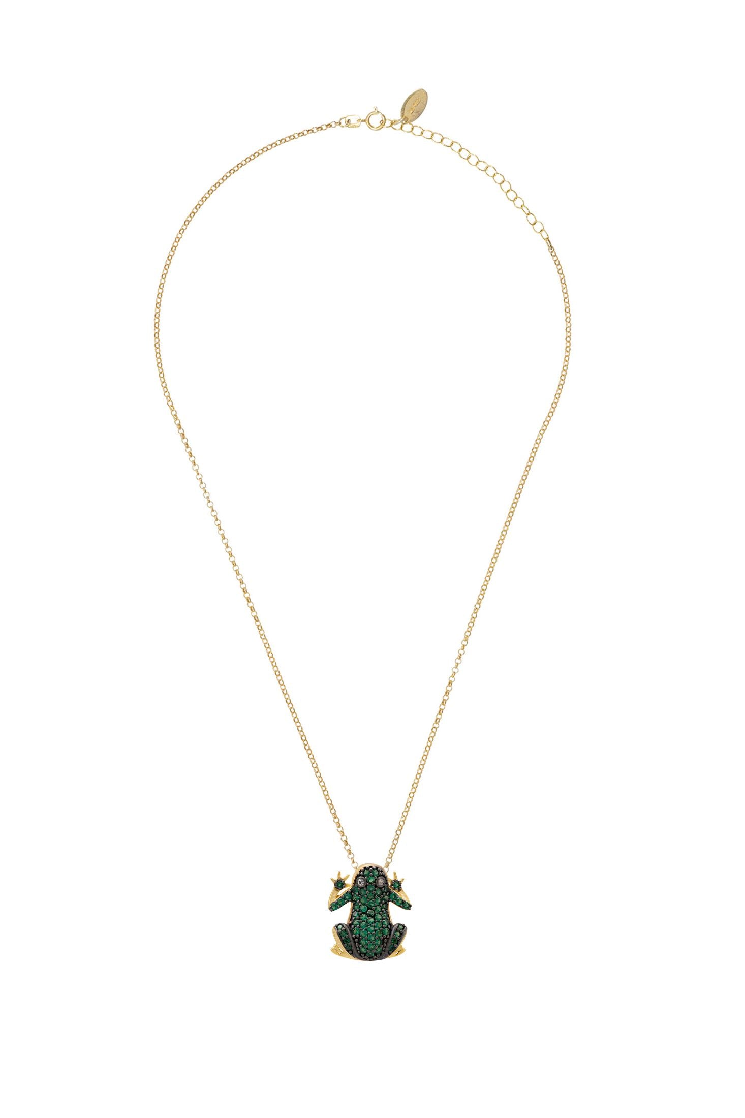 Gold frog necklace with a green pendant on a white background