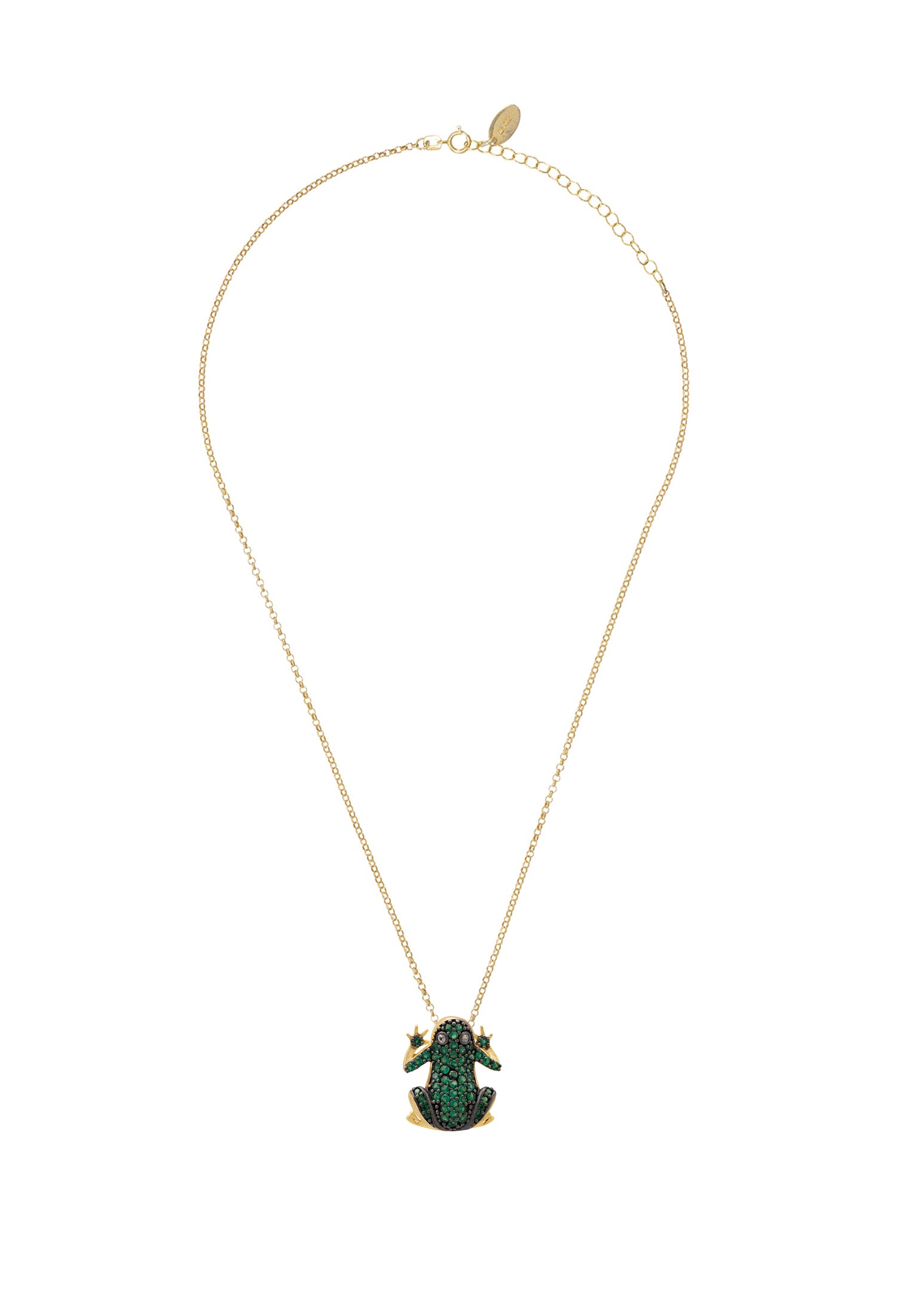 Gold frog necklace with a green pendant on a white background