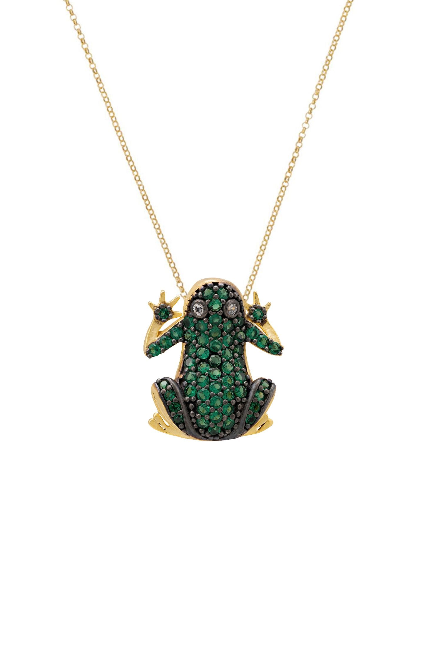 Frog-shaped pendant with green gemstones on a gold chain against a white background