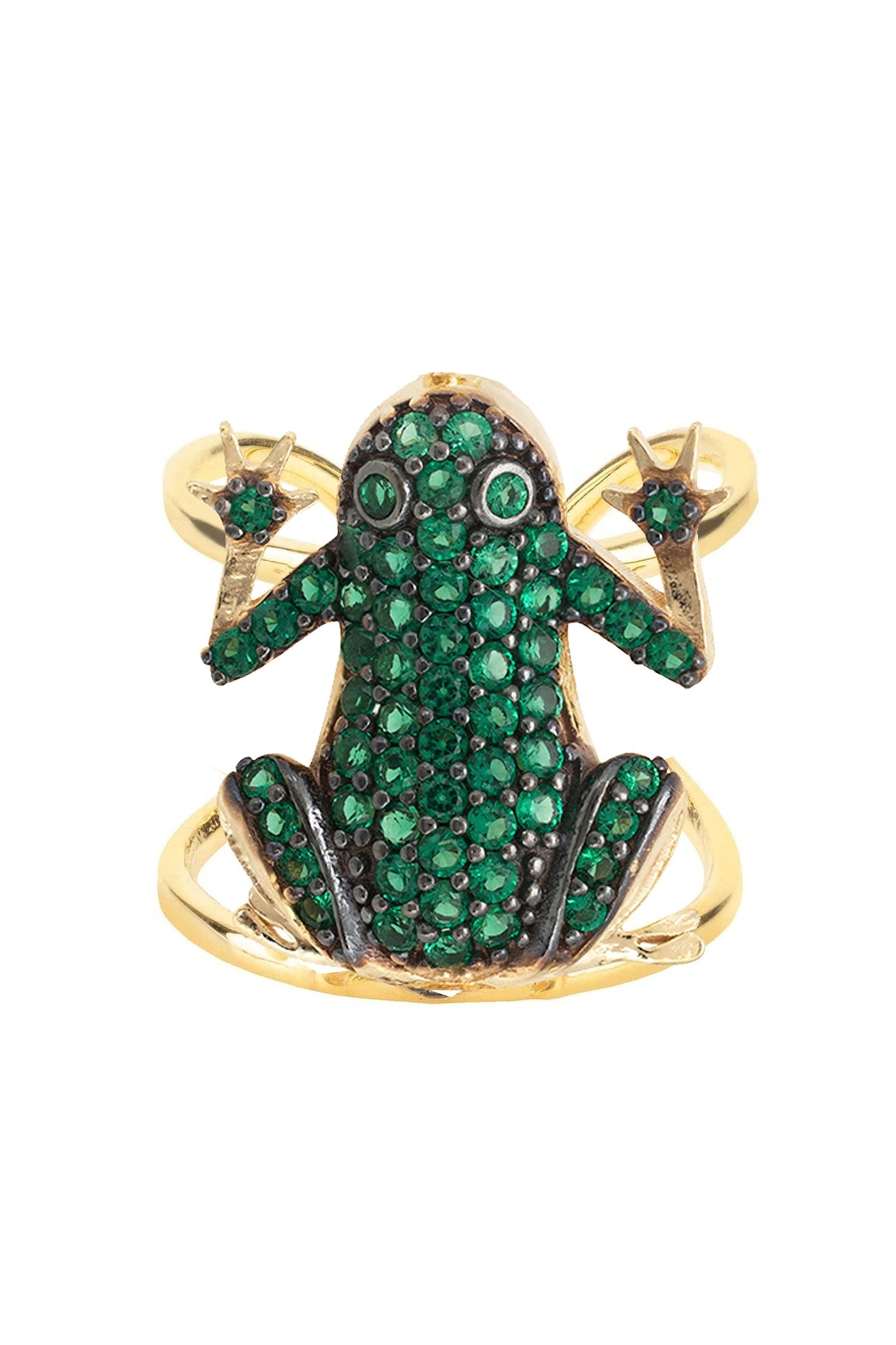 Frog-shaped ring with green gemstones on a white background