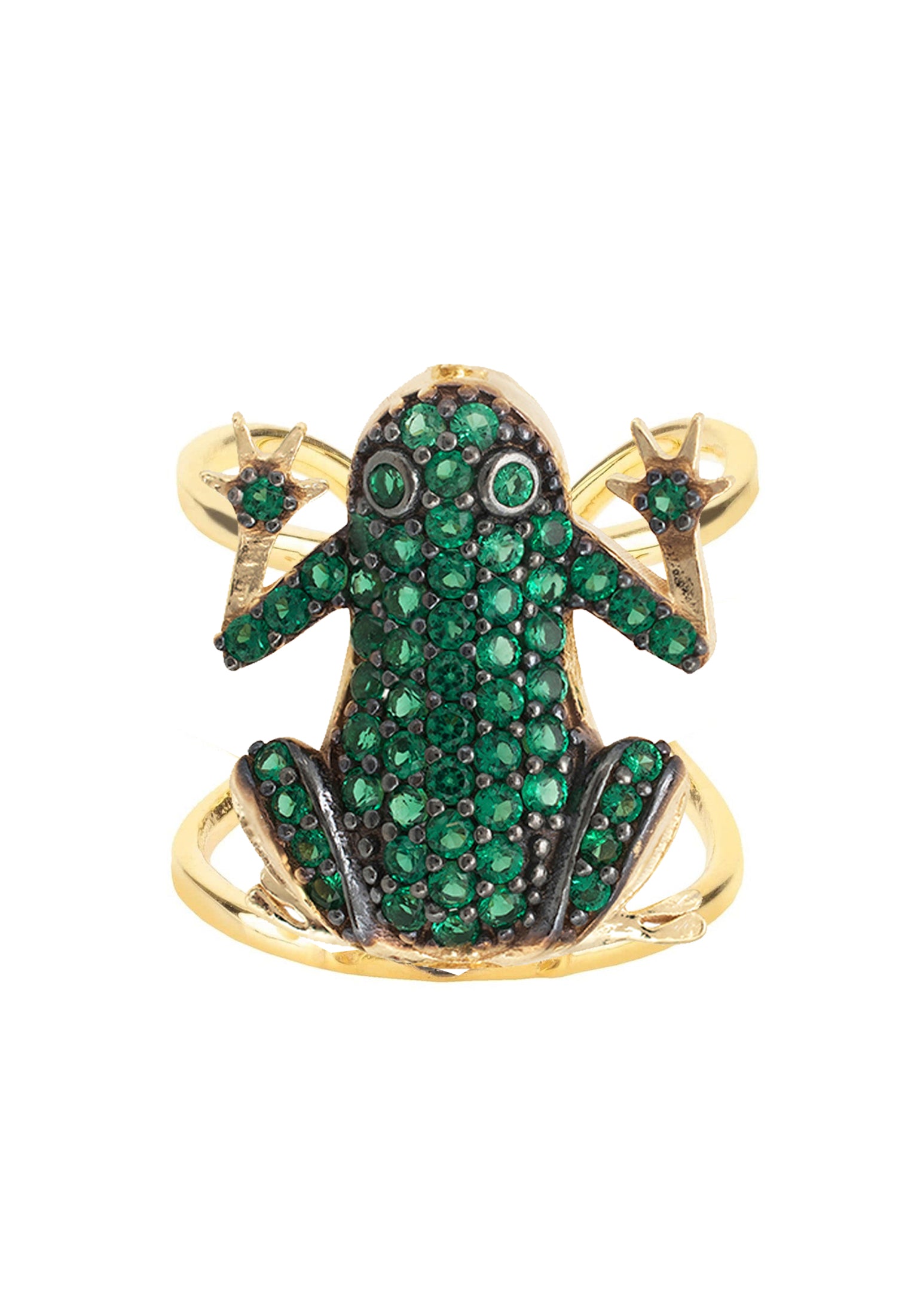 Frog-shaped ring with green gemstones on a white background