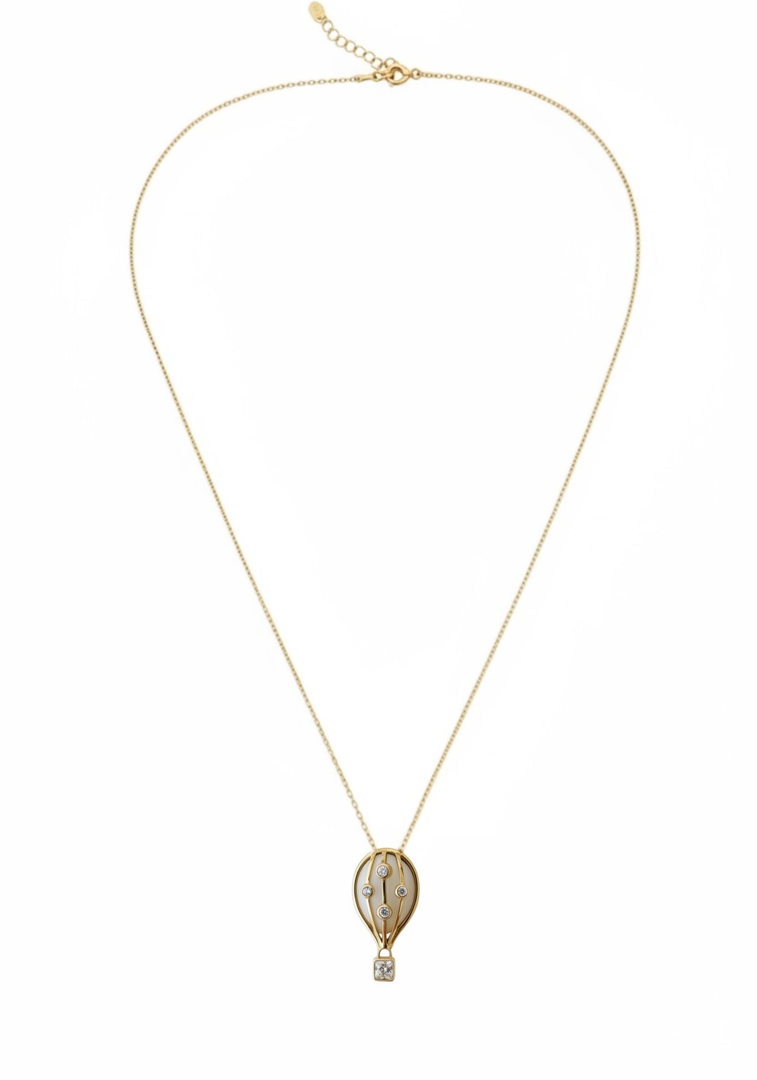 Gold necklace with a hot air balloon pendant on a white background