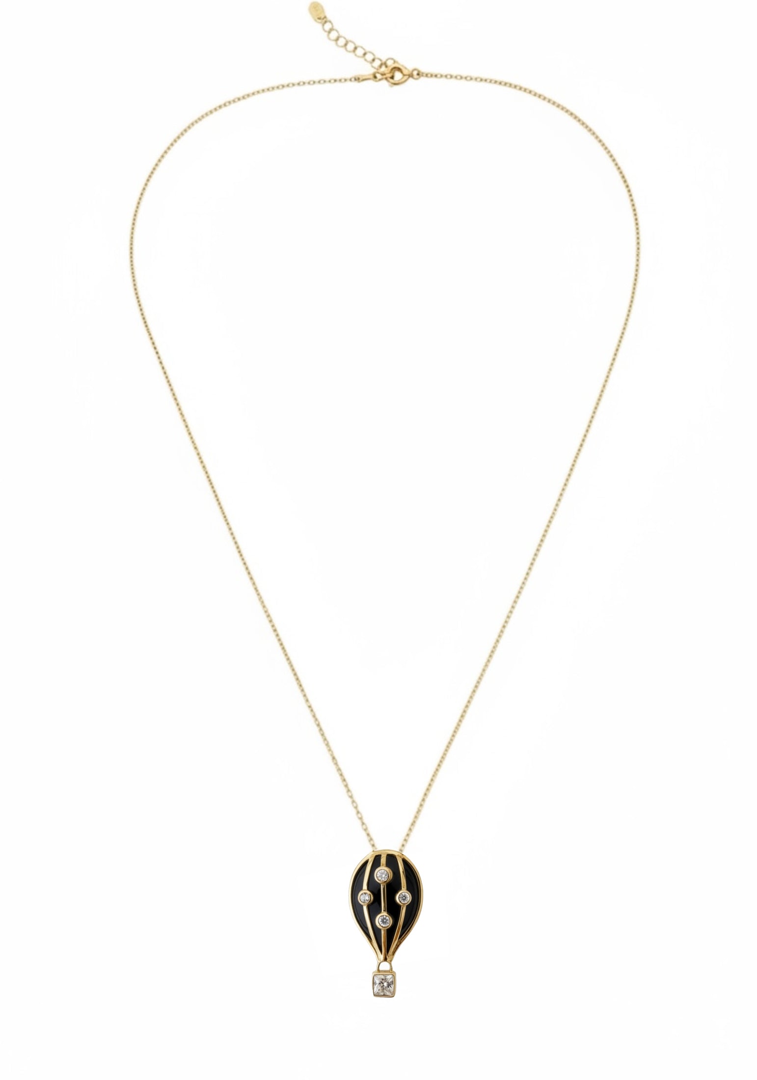 Gold hot air balloon pendant necklace on a white background