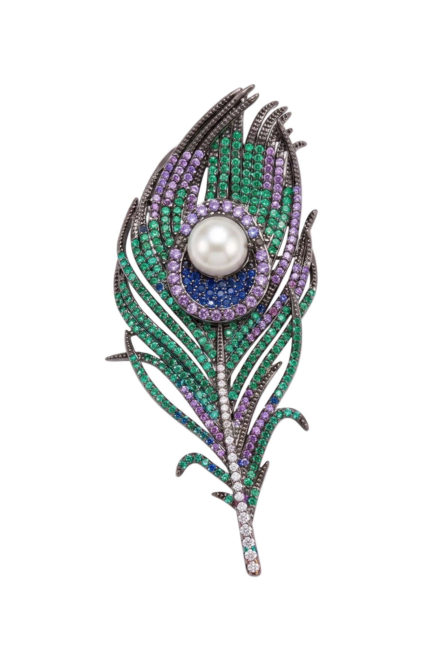 Peacock Feather Pearl Brooch Oxidised