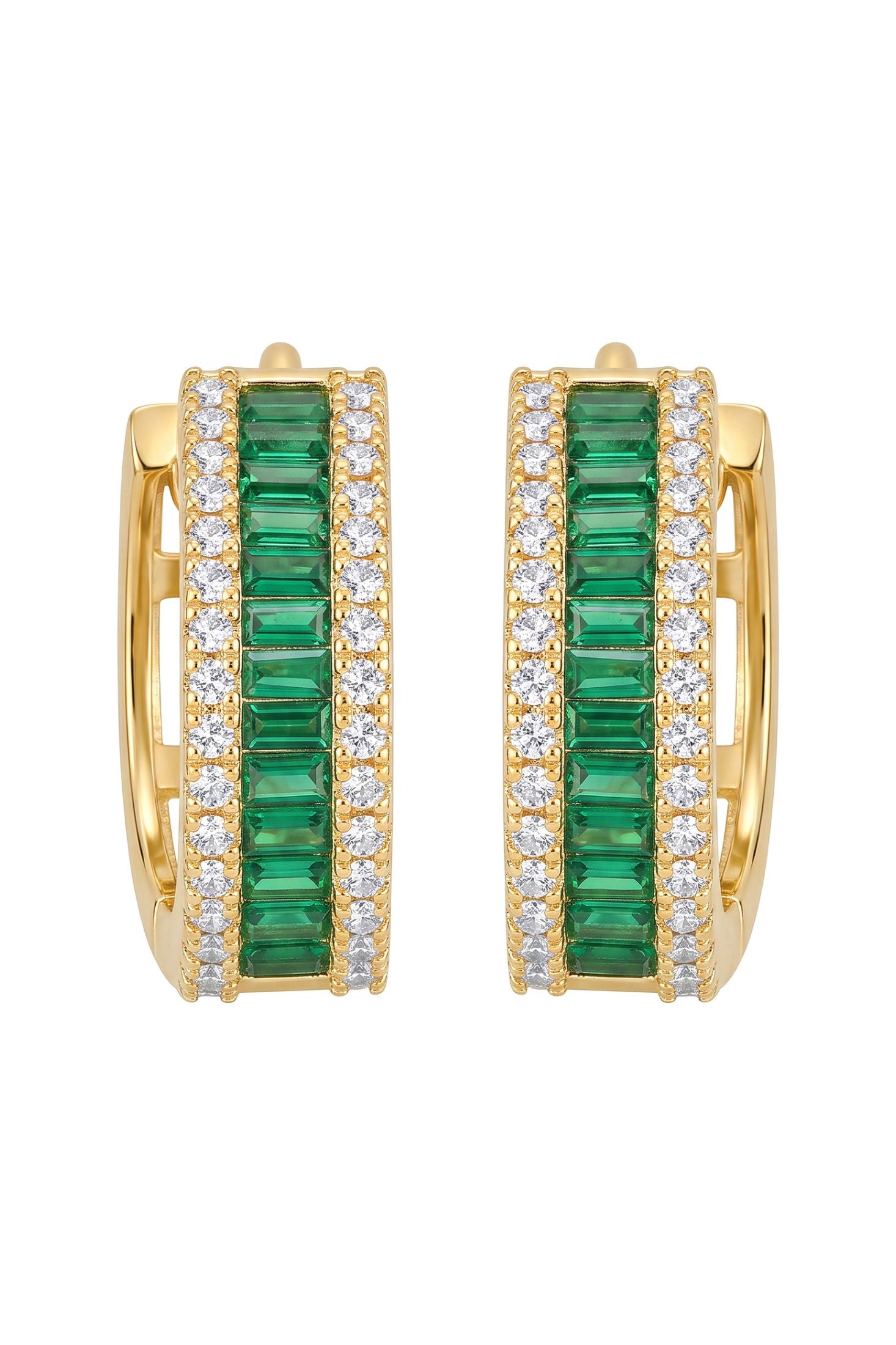 Baguette Huggie Hoop earrings Emerald Green Gold