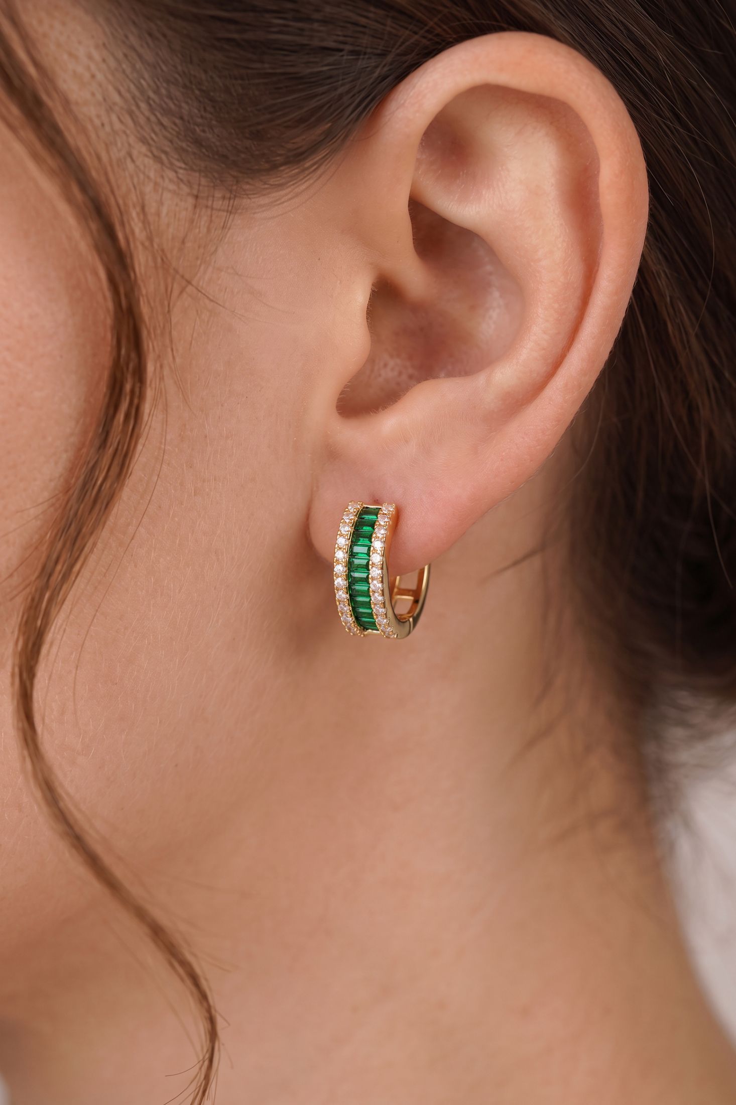 Baguette Huggie Hoop earrings Emerald Green Gold