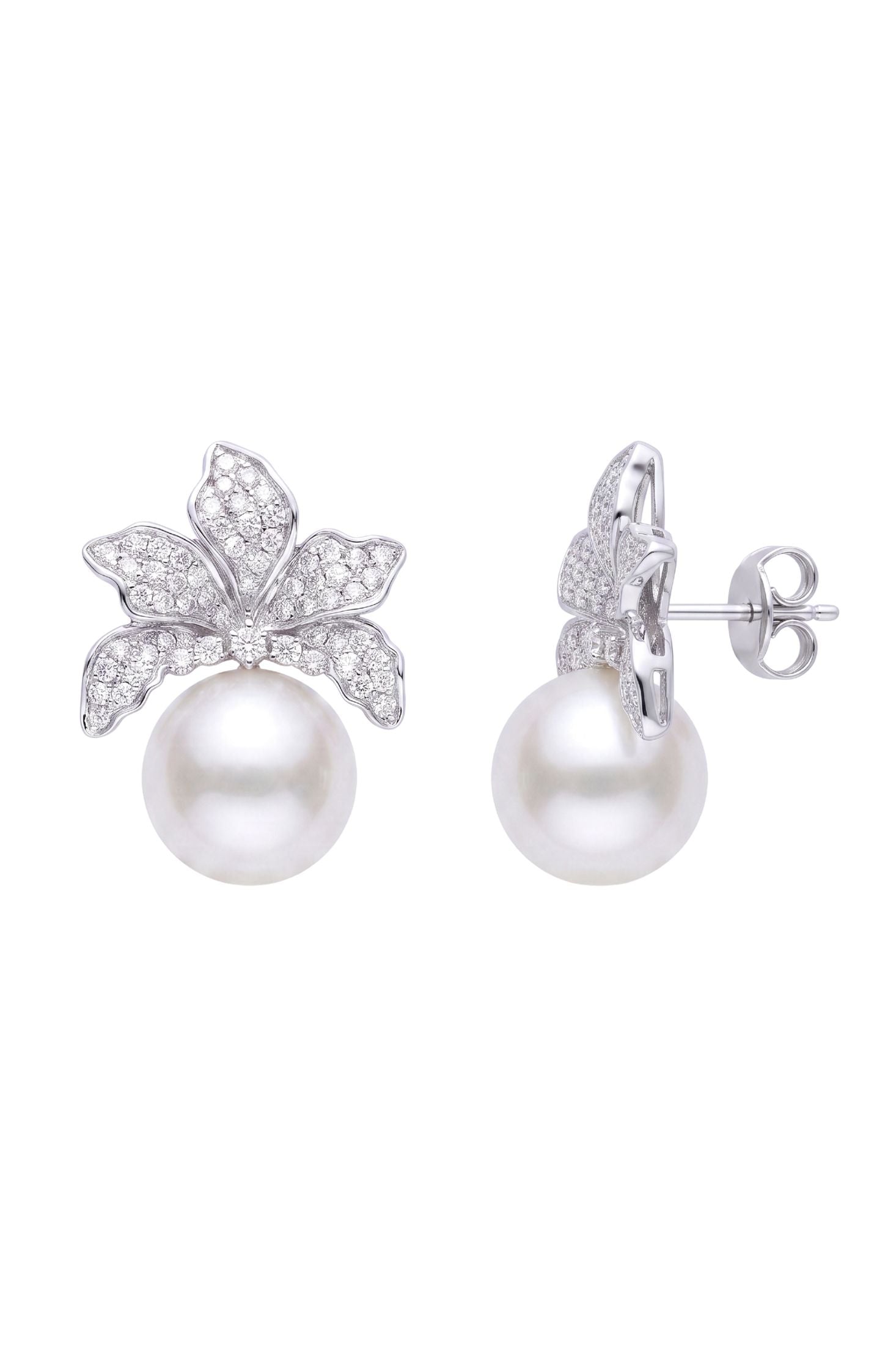 Orchid Flower Pearl Earrings Silver