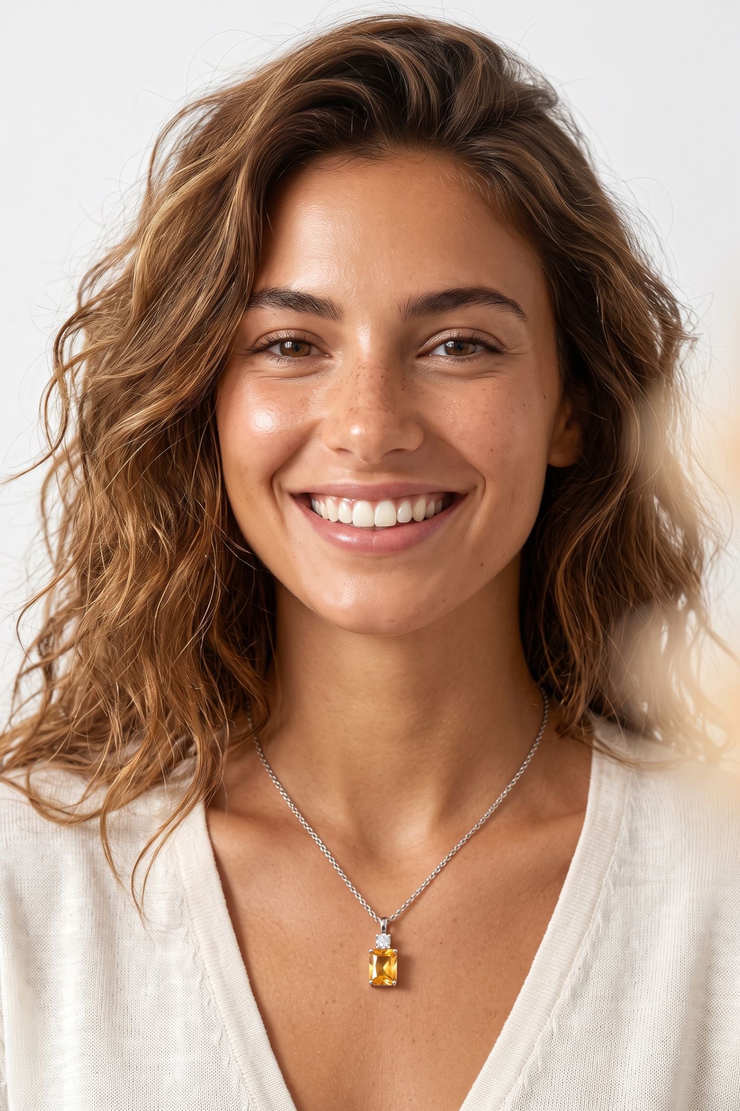 Angled view of Winslet Yellow Topaz Pendant Necklace Silver, showing silver finish and the jewellery profile.
