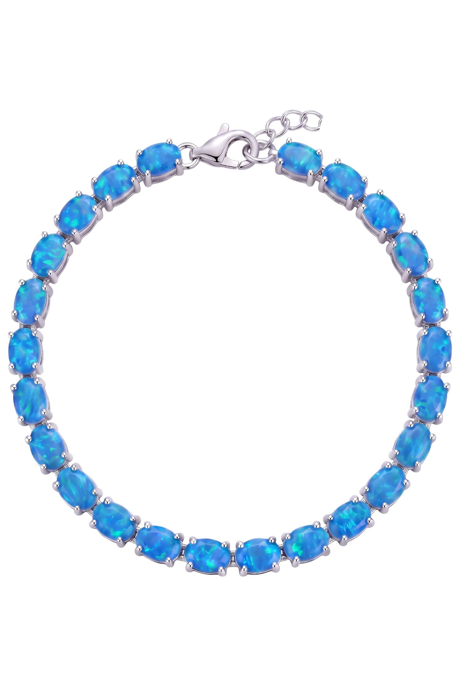 Front view of Blue Opal Tennis Bracelet Silver, showing bee design, silver finish.